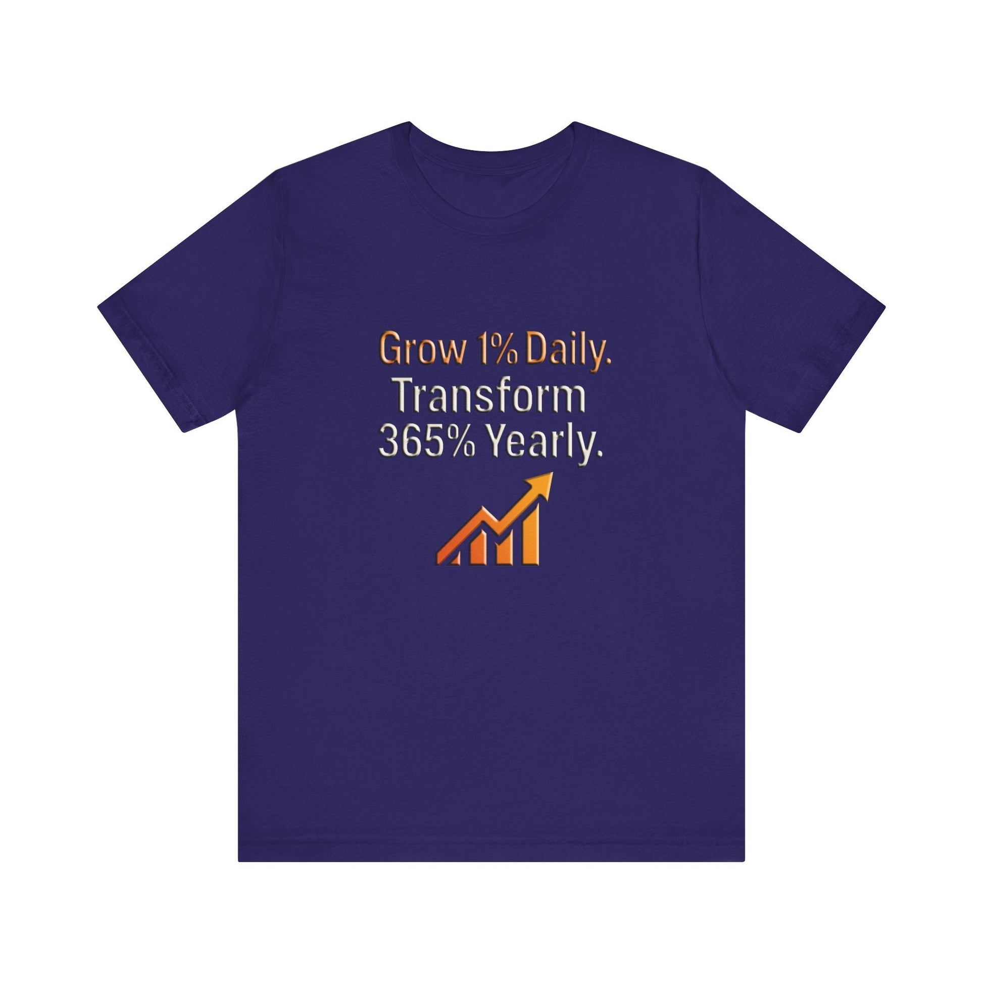 Unisex navy Motivational Growth t-shirt with "Grow 1% Daily. Transform 365% Yearly." text and upward graph design in orange and white.