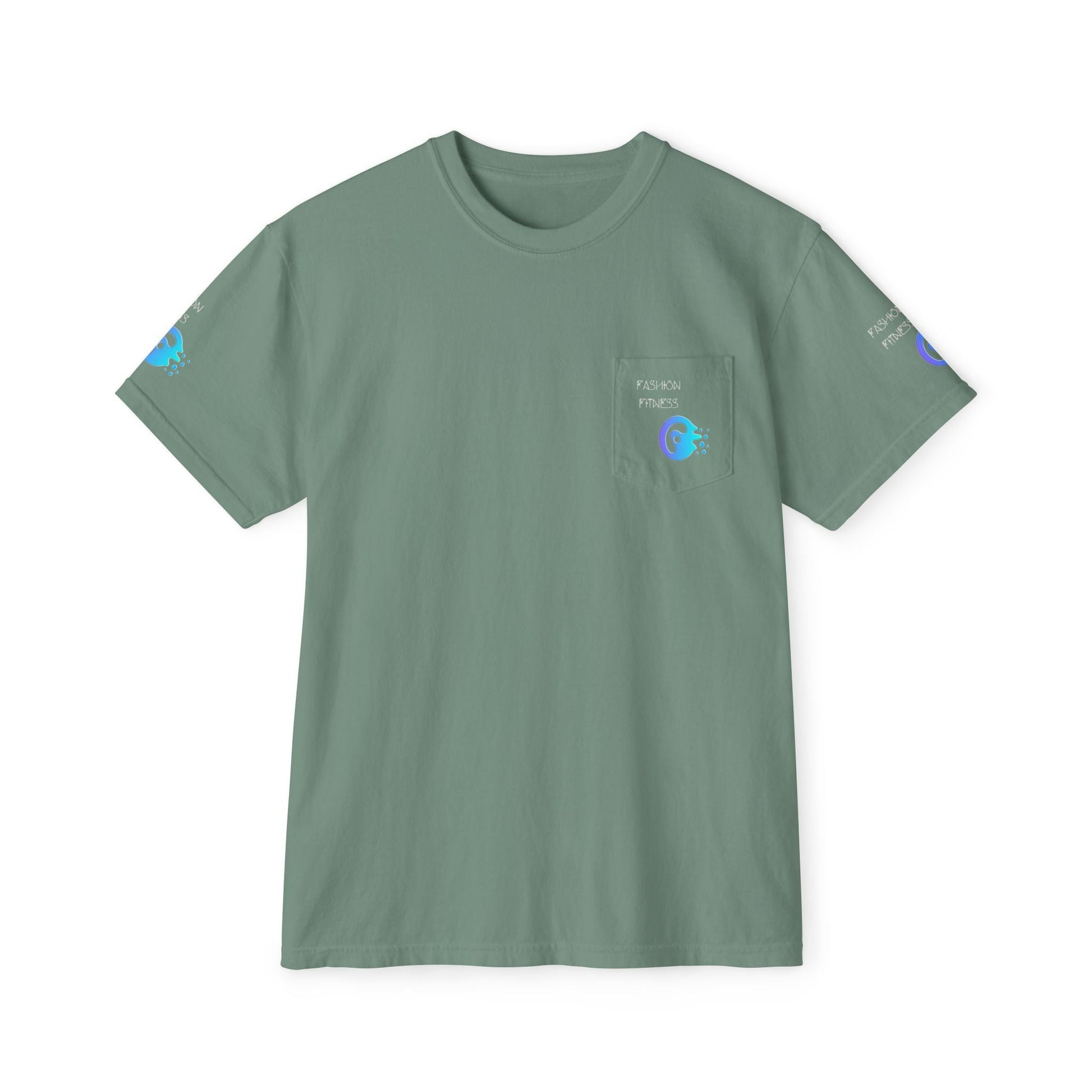 Unisex Garment-Dyed Pocket T-Shirt in green with chest pocket, made from 100% ring-spun cotton, featuring eco-friendly prints.