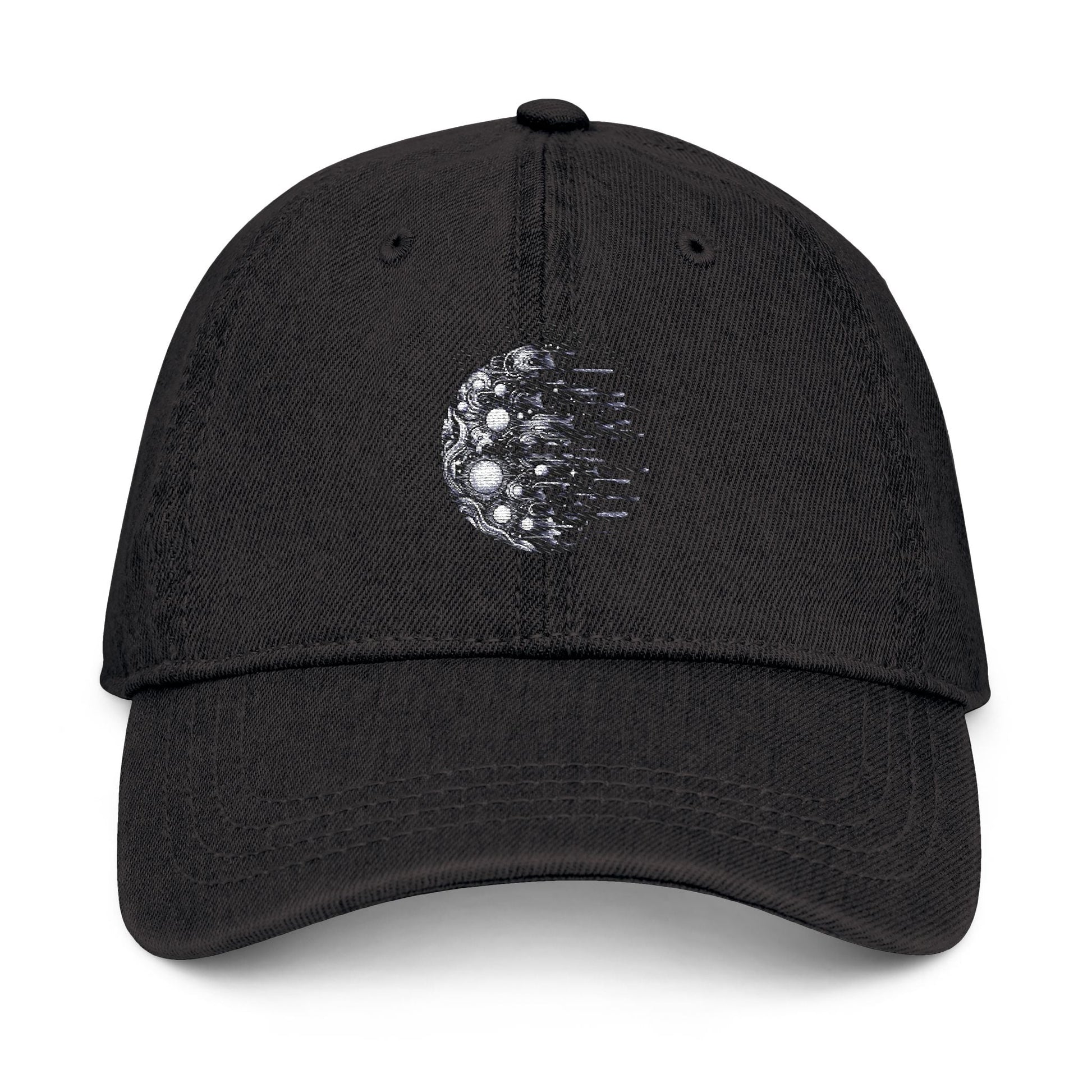 Cosmic embroidered denim hat with vintage pigment-dyed style.