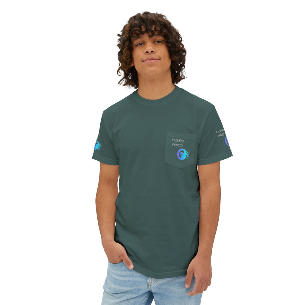 Unisex Garment-Dyed Pocket T-Shirt in green with chest pocket, worn by a person.