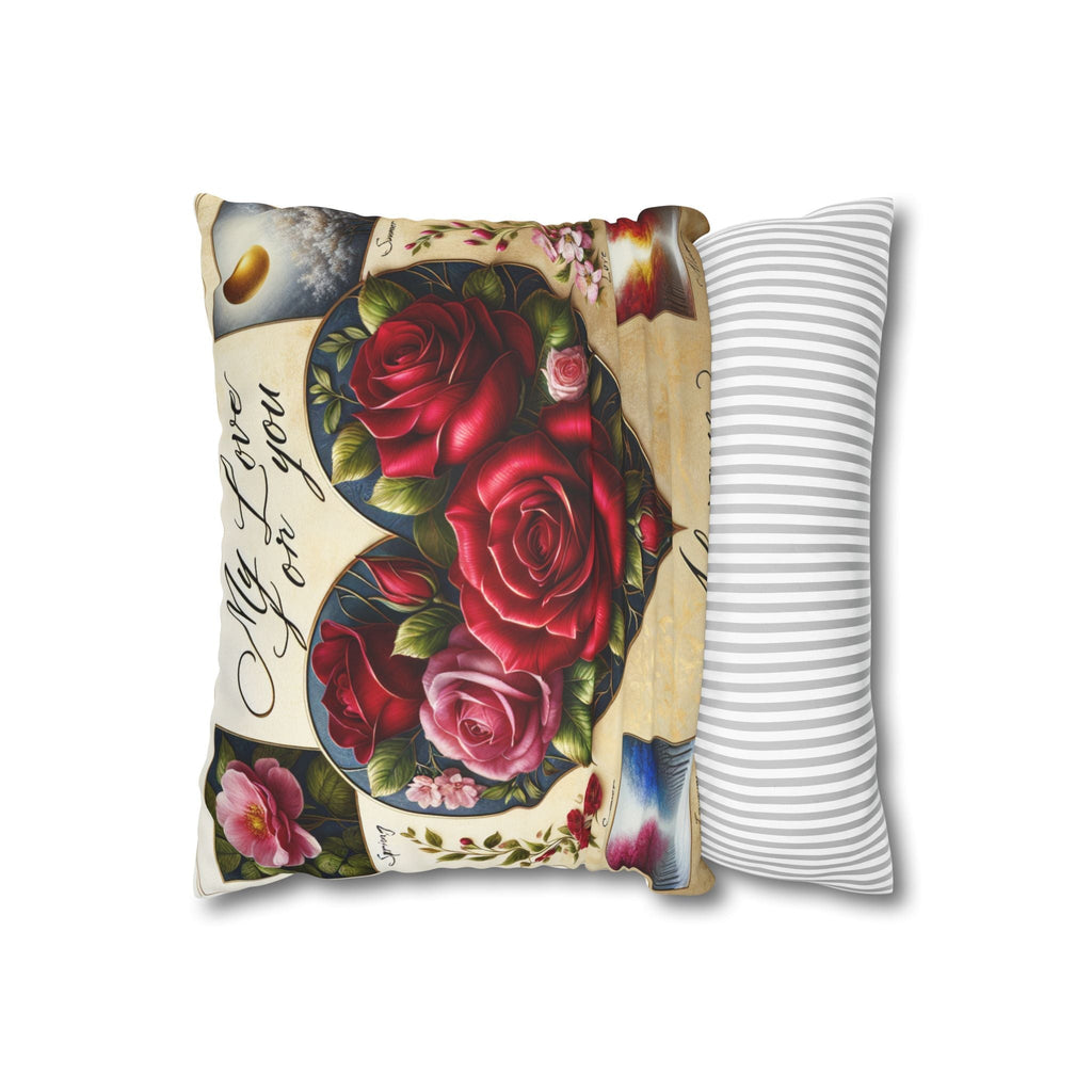 Faux suede square pillowcase with rose design and concealed zipper.