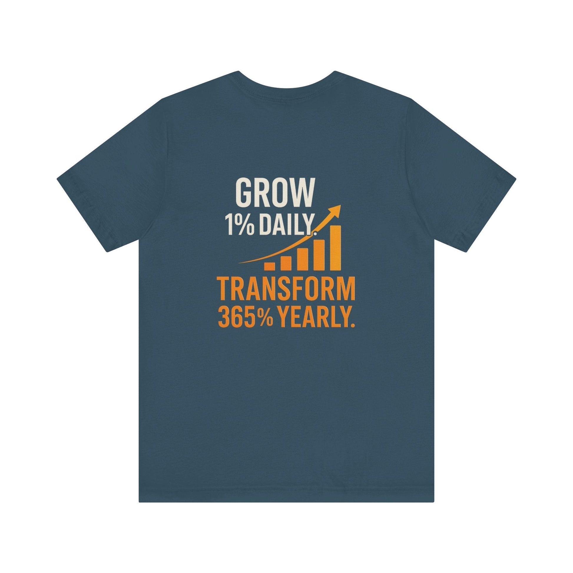 Unisex navy Motivational Growth t-shirt with "Grow 1% Daily Transform 365% Yearly" text and upward graph graphic on the back