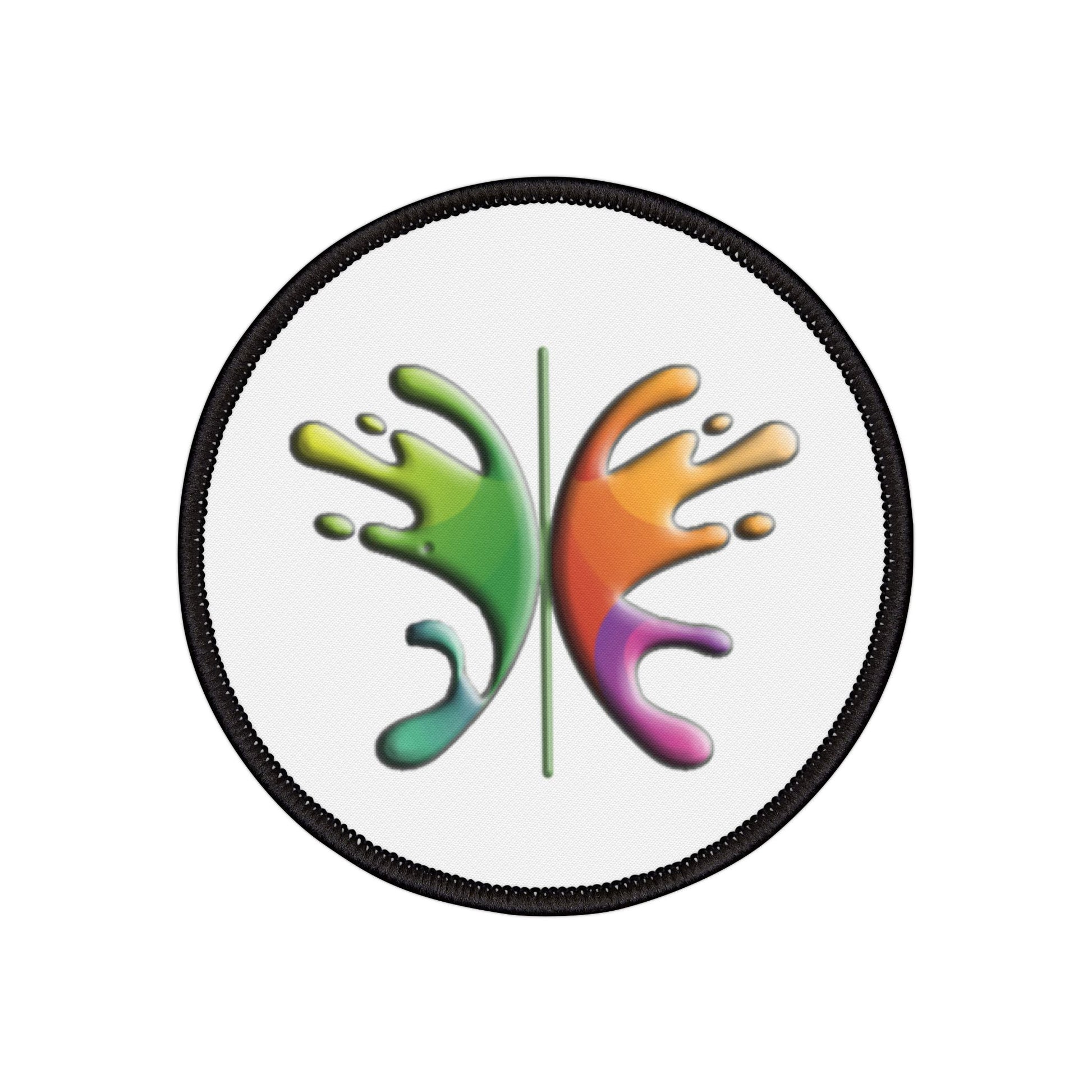 Round colorful iron patch with black edges for personalizing apparel.