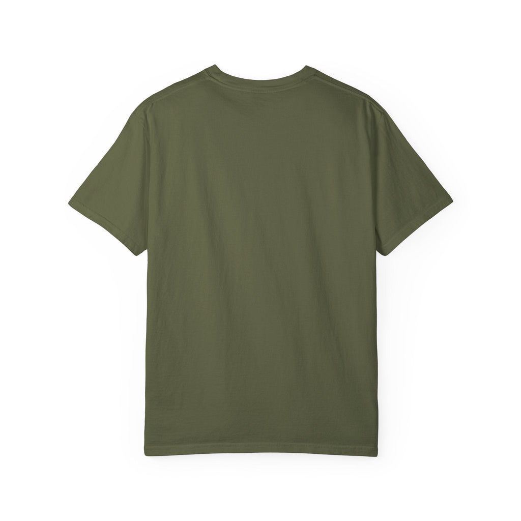 Unisex Garment-Dyed T-Shirt in green, back view - This Too Will Pass Inspirational Tee.