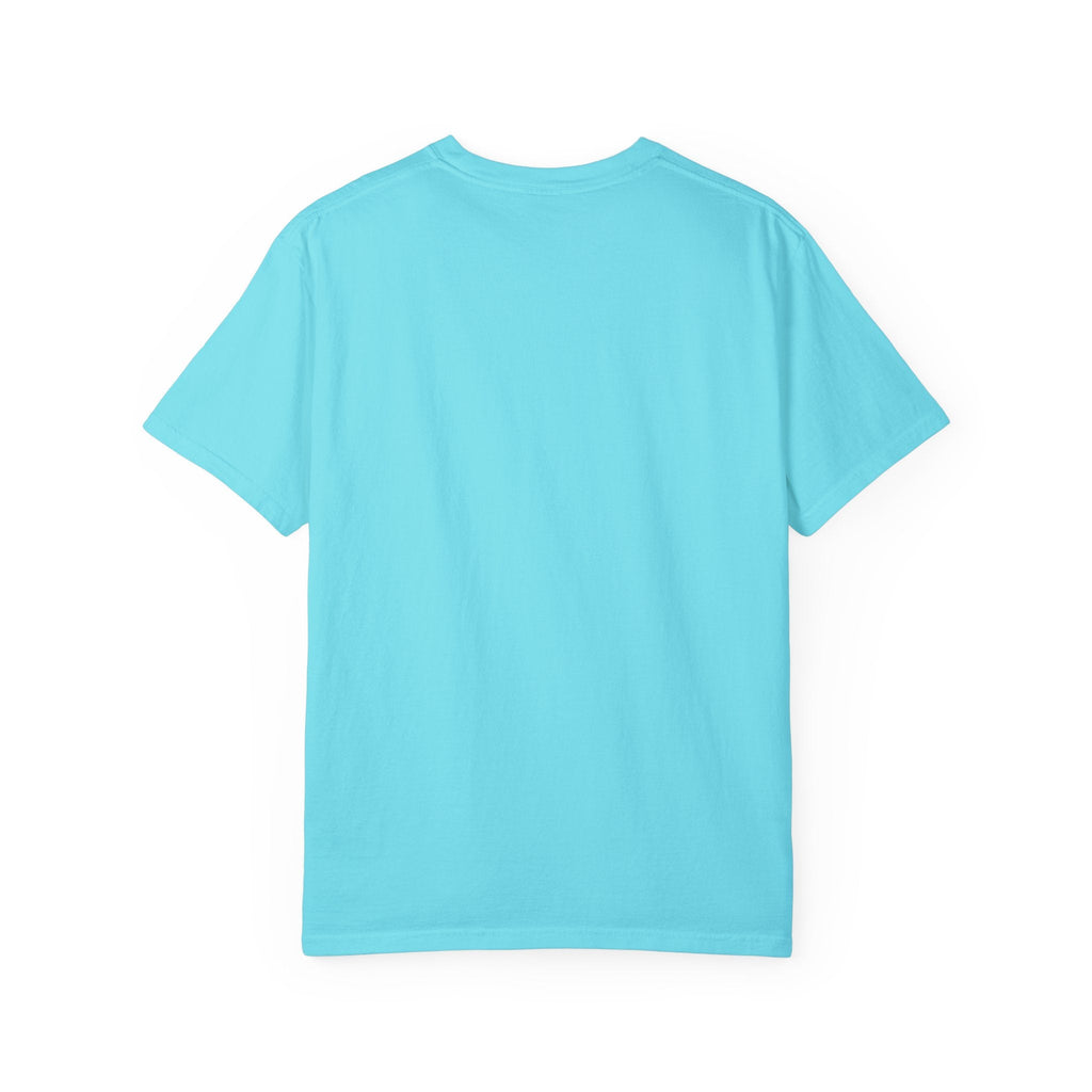 Unisex garment-dyed T-shirt in blue, featuring "This Too Will Pass" inspirational quote, ideal for stylish and casual wear.
