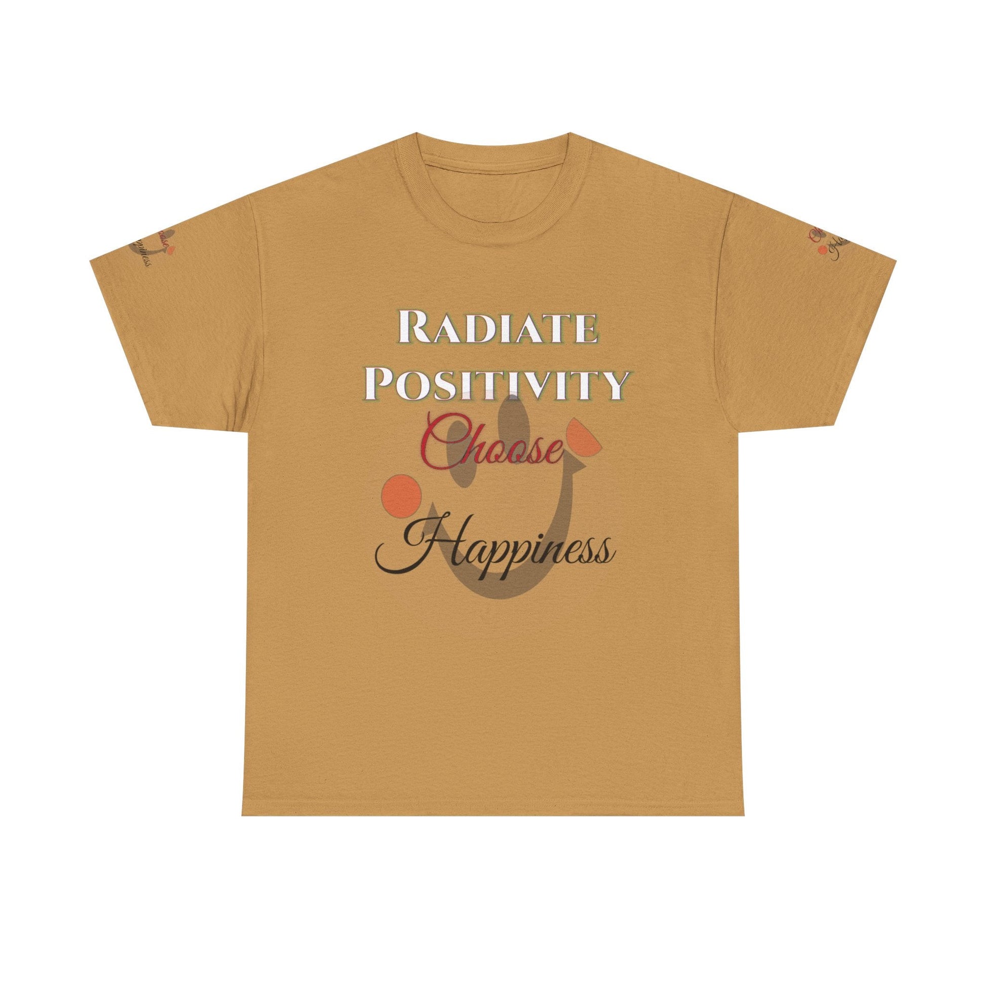 Unisex Heavy Cotton T-shirt with "Radiate Positivity Choose Happiness" design, inspirational clothing.