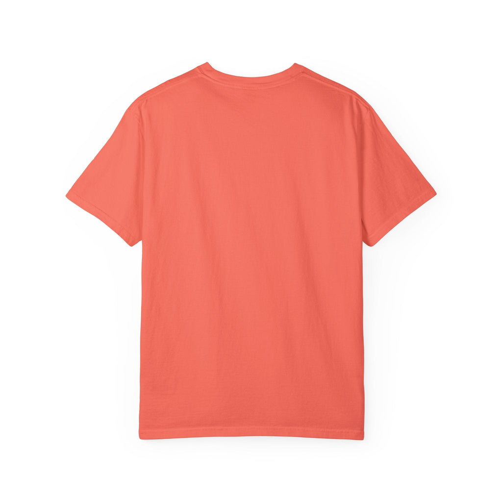 Unisex garment-dyed t-shirt in coral color, inspirational "This Too Will Pass" graphic, soft texture.