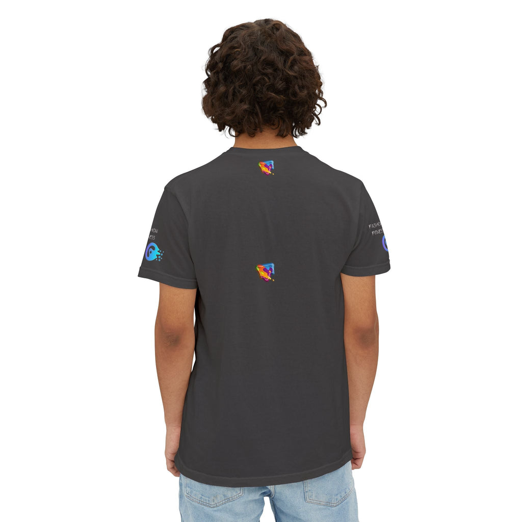 Unisex Garment-Dyed Pocket T-Shirt, ethically made from soft, sustainable cotton, featuring a relaxed fit and eco-friendly print.