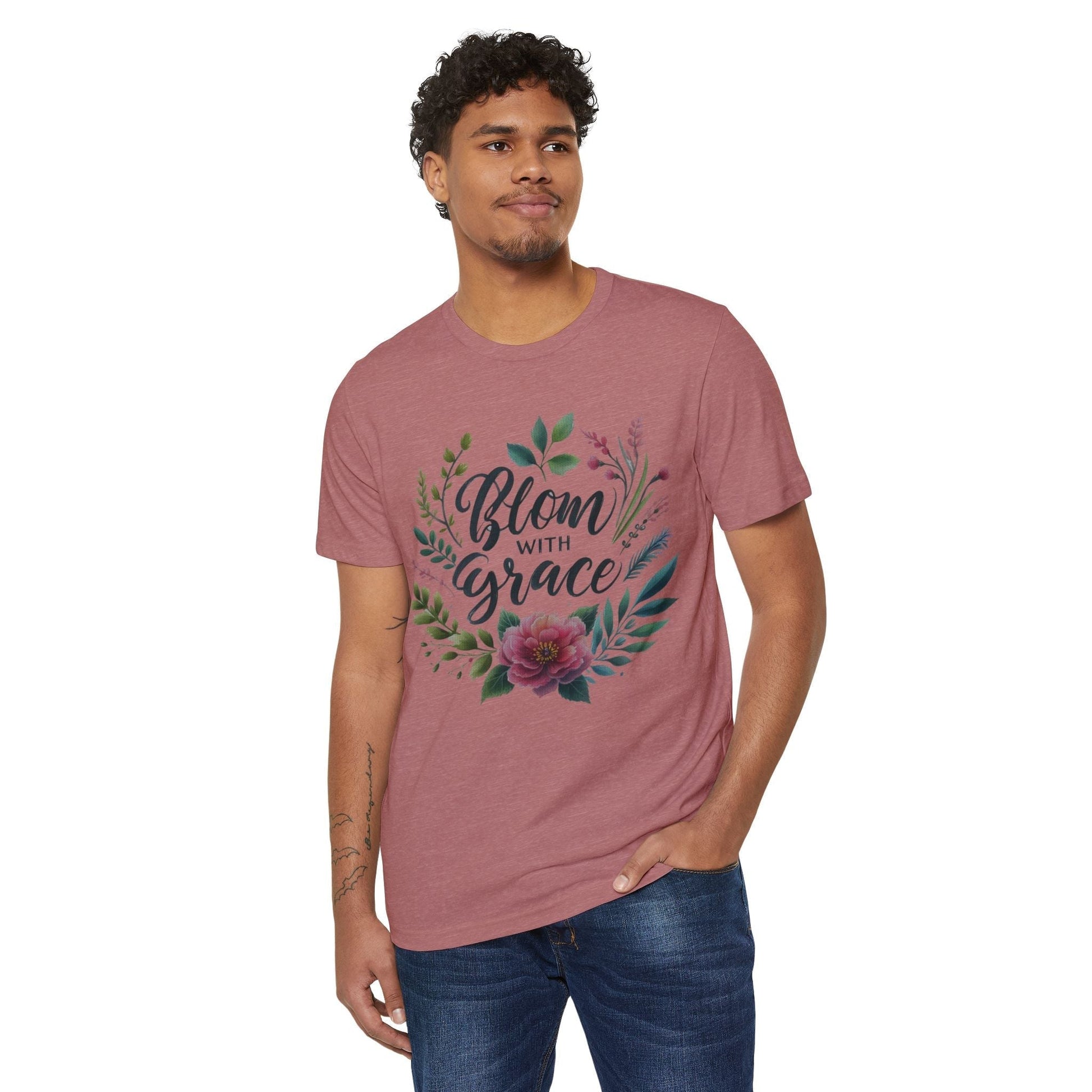 Eco-friendly organic T-shirt with floral design and "Bloom with Grace" text.