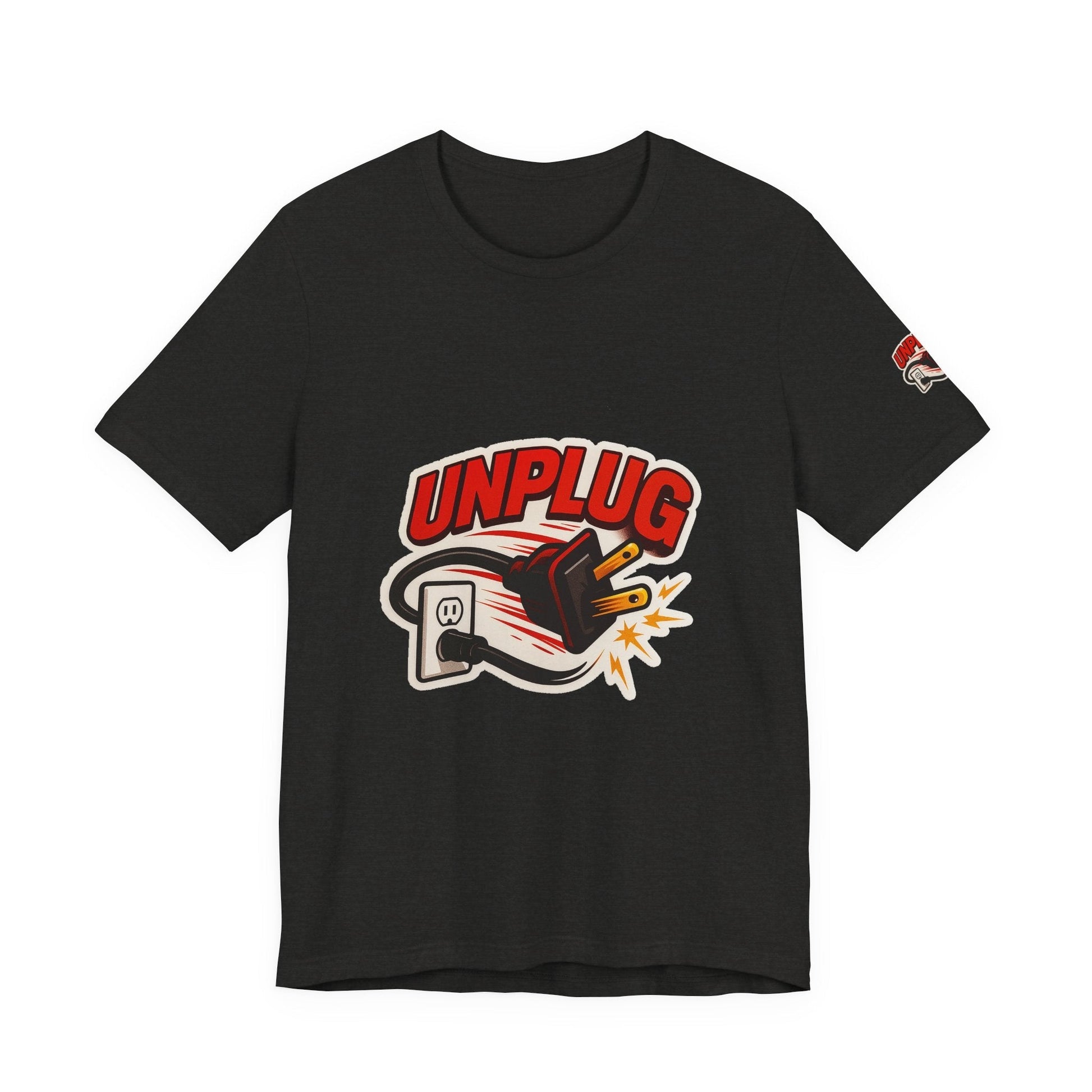 Black Unisex Jersey Short Sleeve T-shirt with "UNPLUG" graphic and unplugged power plug illustration, casual and comfortable energy saver shirt for tech lovers.