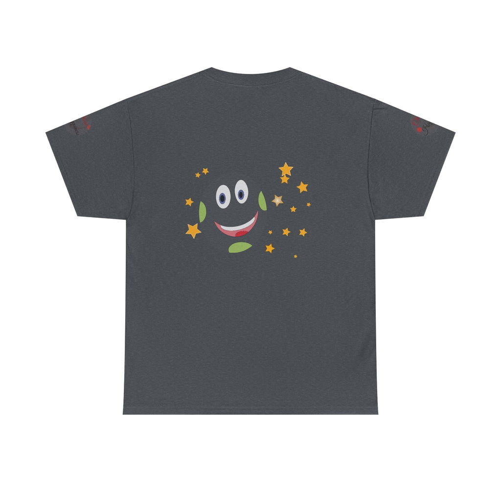 Unisex Heavy Cotton T-shirt with a smiling face and star pattern on the back, themed "Radiate Positivity - Choose Happiness".