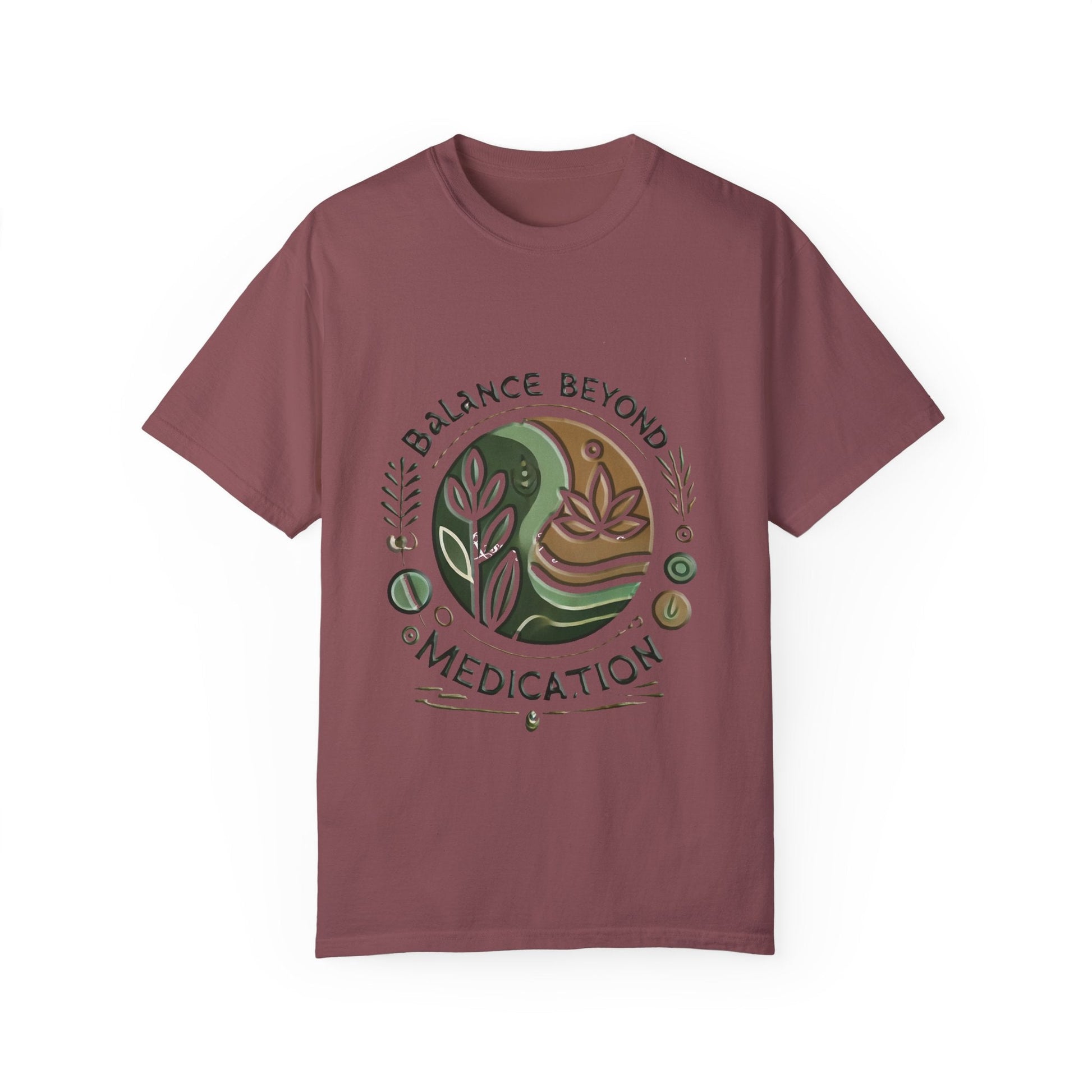 Unisex garment-dyed t-shirt with "Balance Beyond Medication" graphic, maroon color, soft texture, available in various sizes.