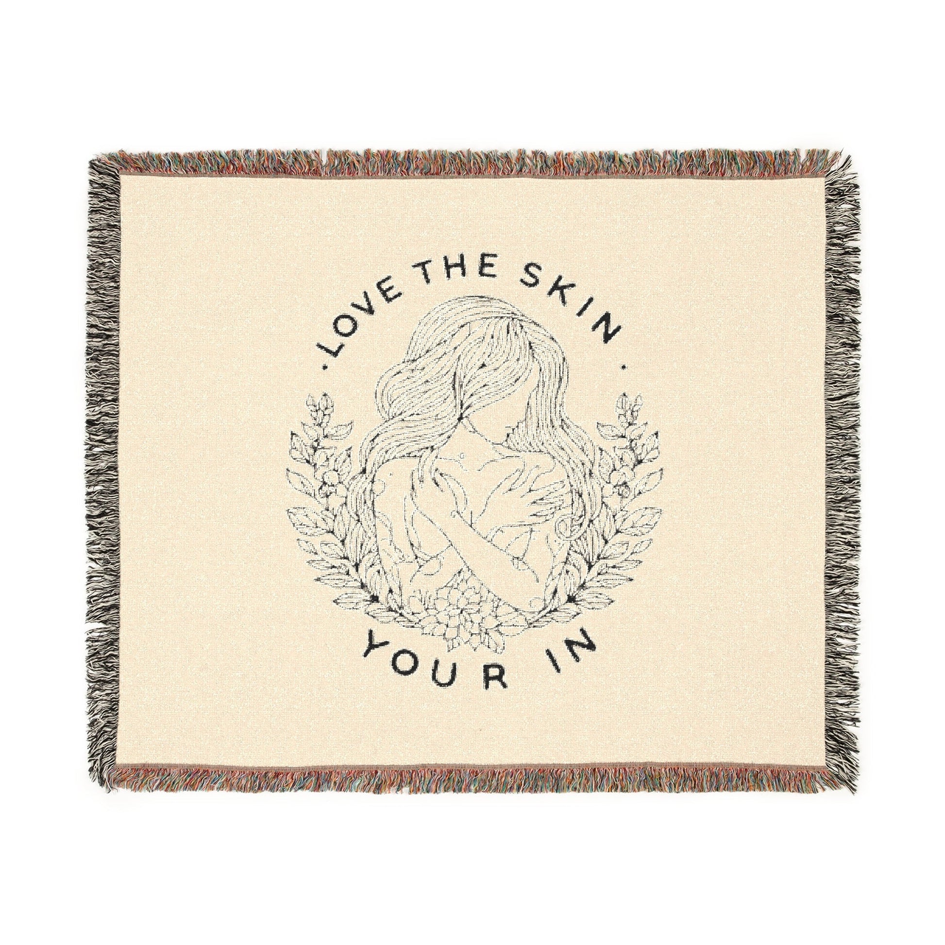 Serene Nature Woven Blanket with inspiring line art and fringed edges for cozy home décor.