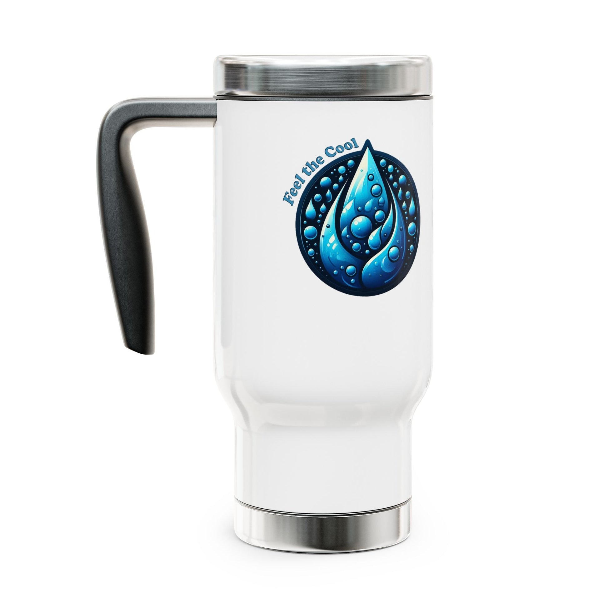 Stainless steel travel mug with handle, glossy white enamel finish, and blue water droplet design, 14oz.