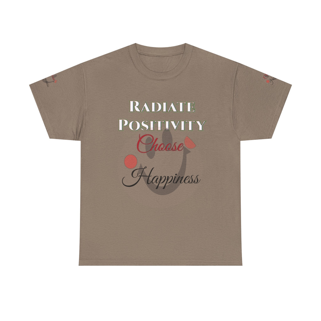 Unisex Heavy Cotton T-shirt with "Radiate Positivity - Choose Happiness" message, brown color.