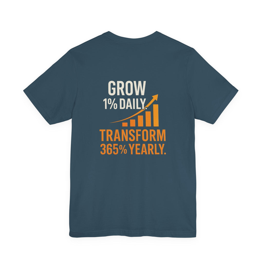 Unisex navy Motivational Growth t-shirt with "Grow 1% Daily, Transform 365% Yearly" inspirational text and upward graph design