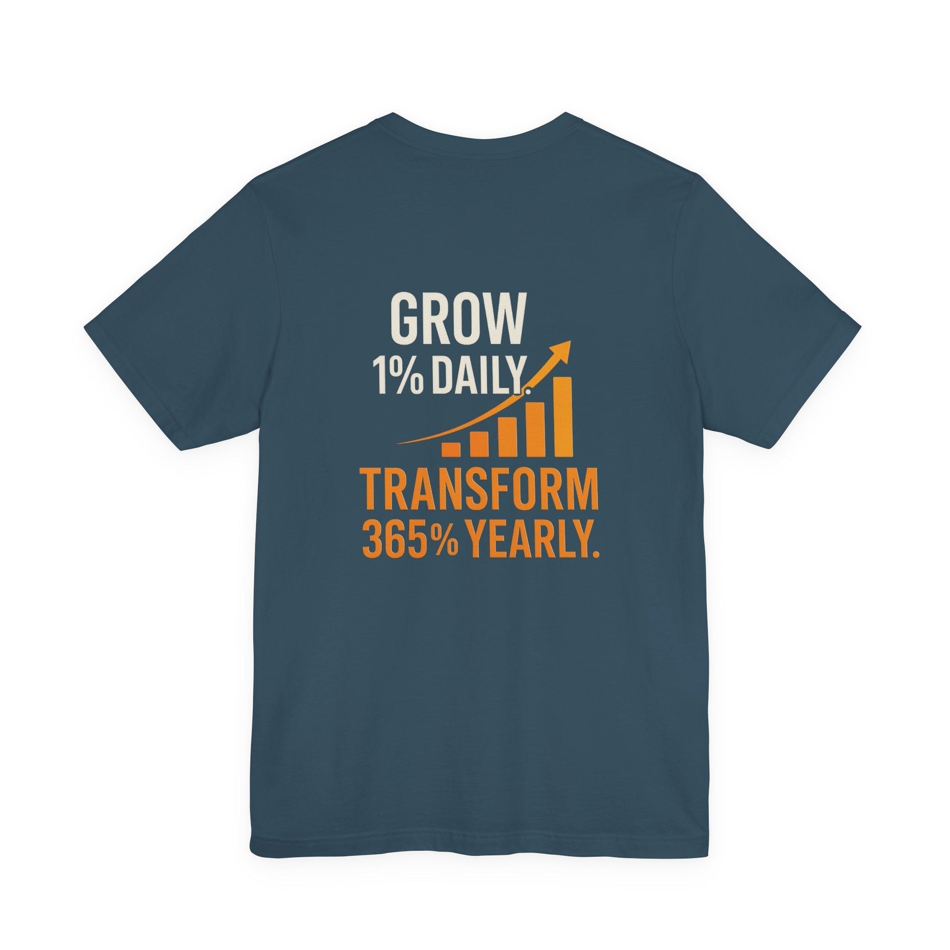 Unisex navy Motivational Growth t-shirt with "Grow 1% Daily, Transform 365% Yearly" inspirational text and upward graph design