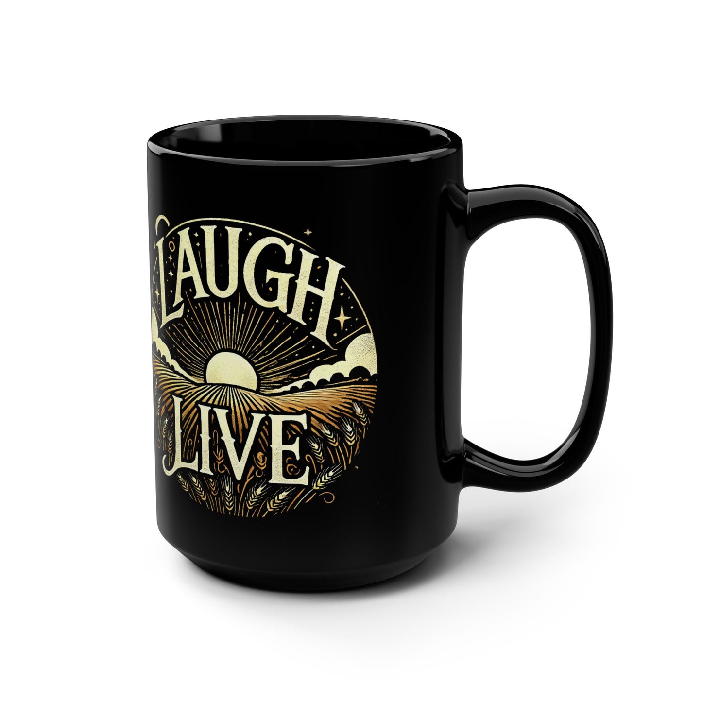 Black Mug, 15oz " Laugh Live" 2