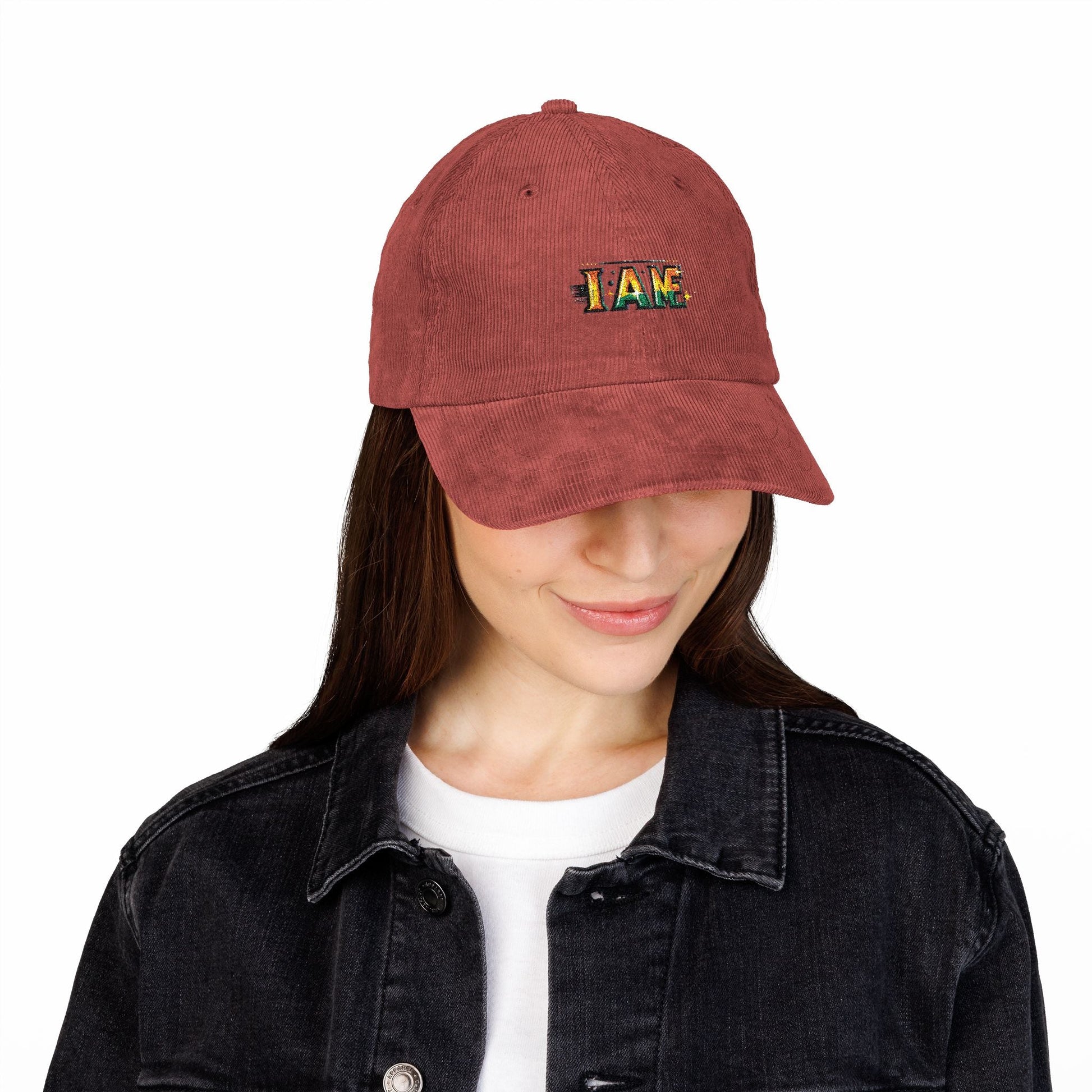 Vintage Corduroy Cap with I AM Embroidery | Trendy Bohemian Hat