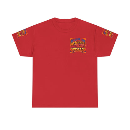 Red unisex heavy cotton tee with motivational text design "Well Being Weaves Wonderful Wonders When We Work Wisely."