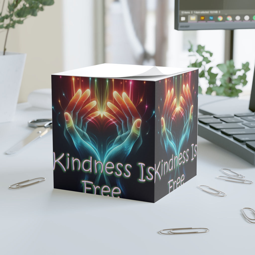 Note Cube Kindness is Free sticky notes cube with glowing hands design on office desk