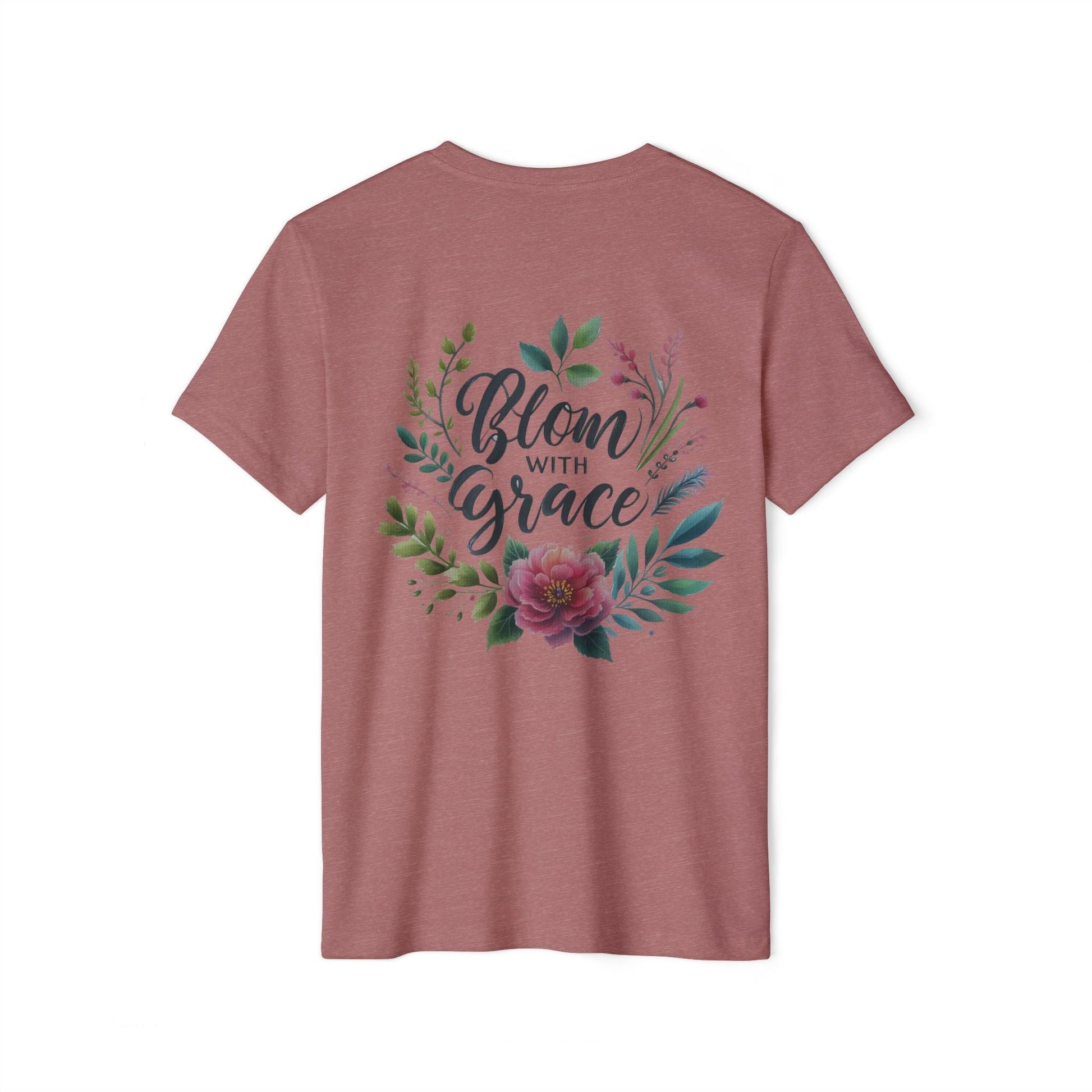 Organic T-Shirt with floral design and "Bloom with Grace" text, eco-friendly apparel.