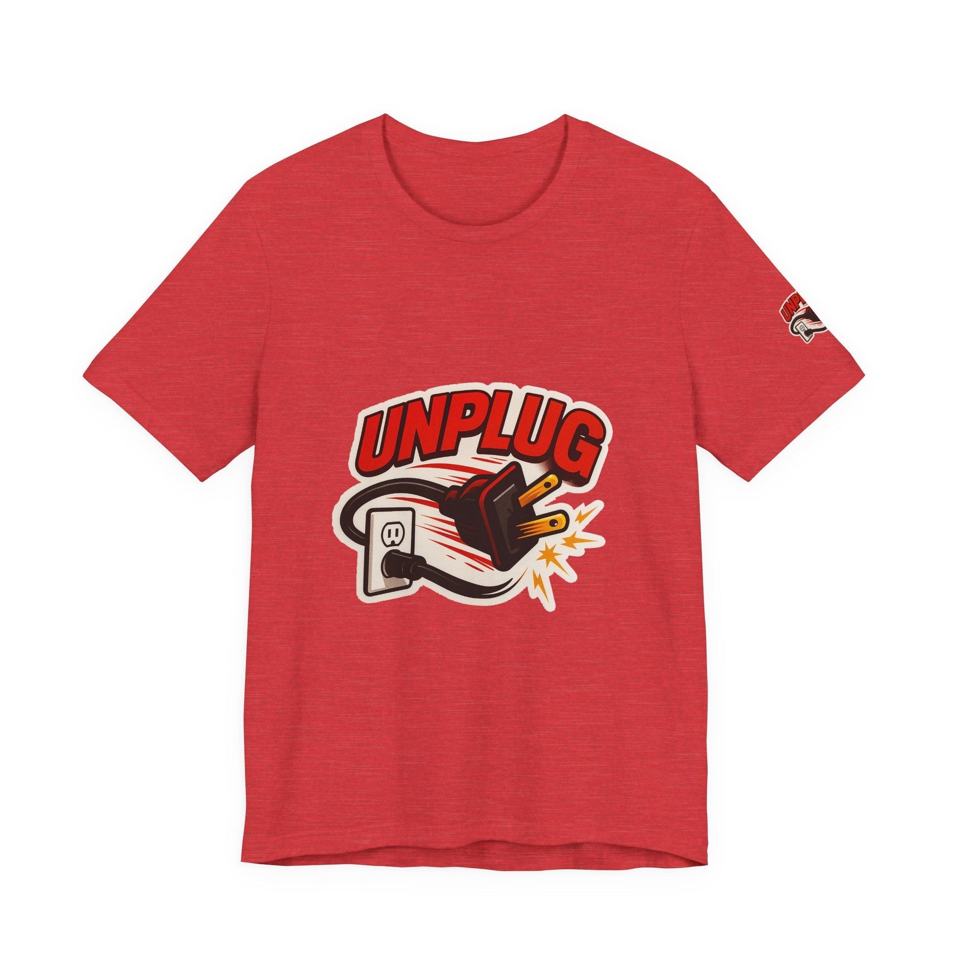 Red Unplugged Vibes T-shirt with a graphic of an unplugged electrical plug and bold text "UNPLUG" on front, casual unisex short sleeve shirt.