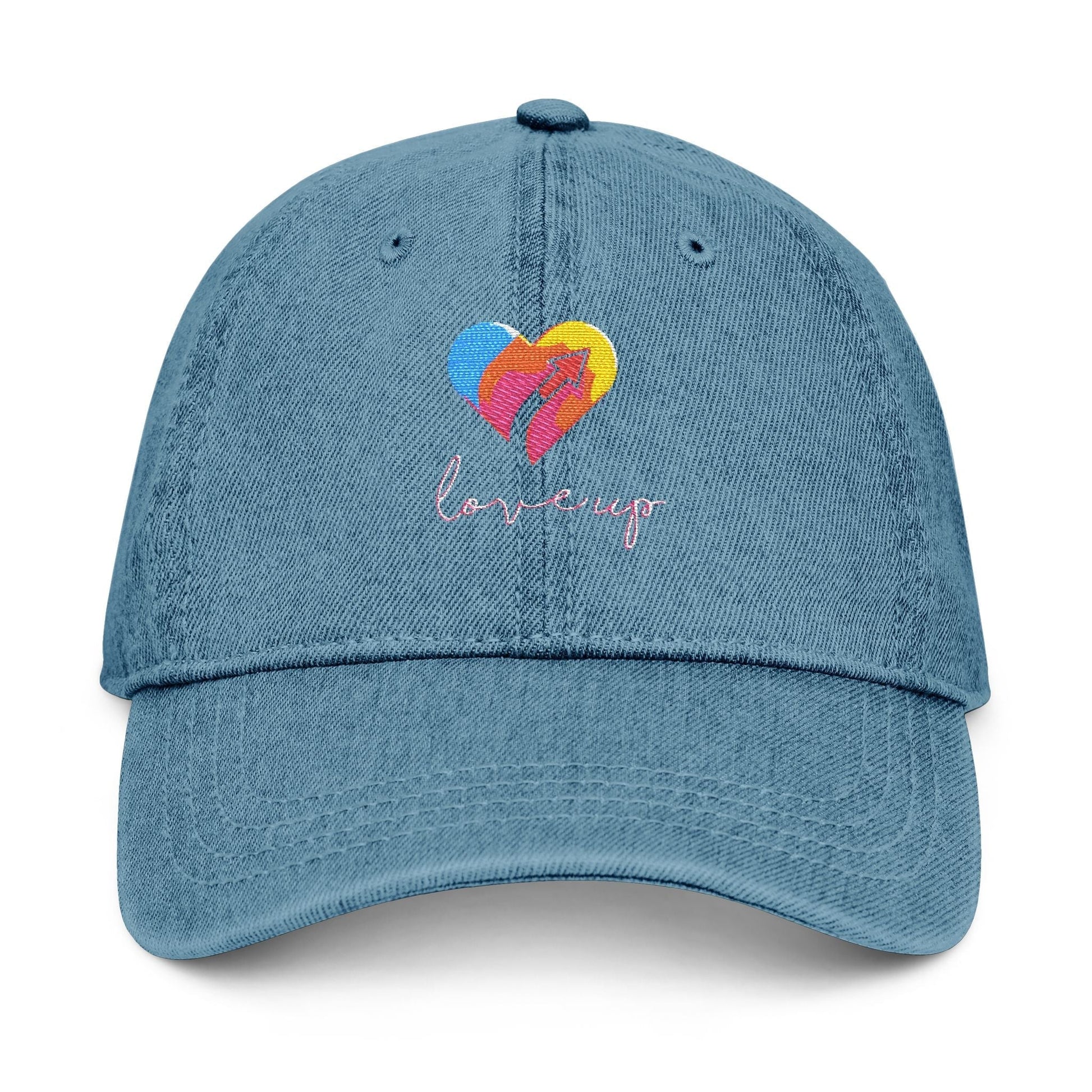 Embroidered Love Up Denim Hat with colorful heart design, unstructured low-profile style.