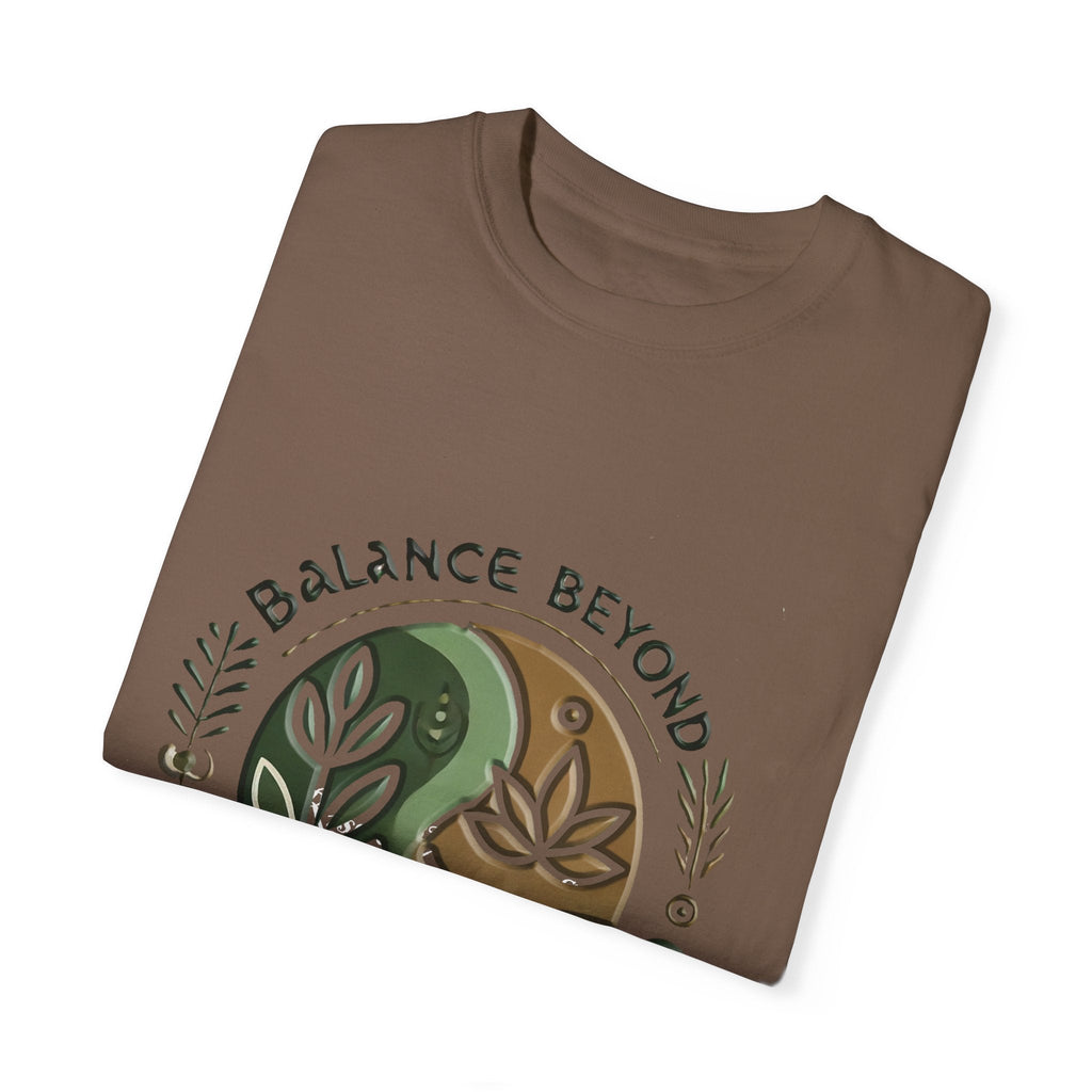 Balance Beyond Medication Unisex Garment-Dyed T-Shirt in brown, folded with unique design.