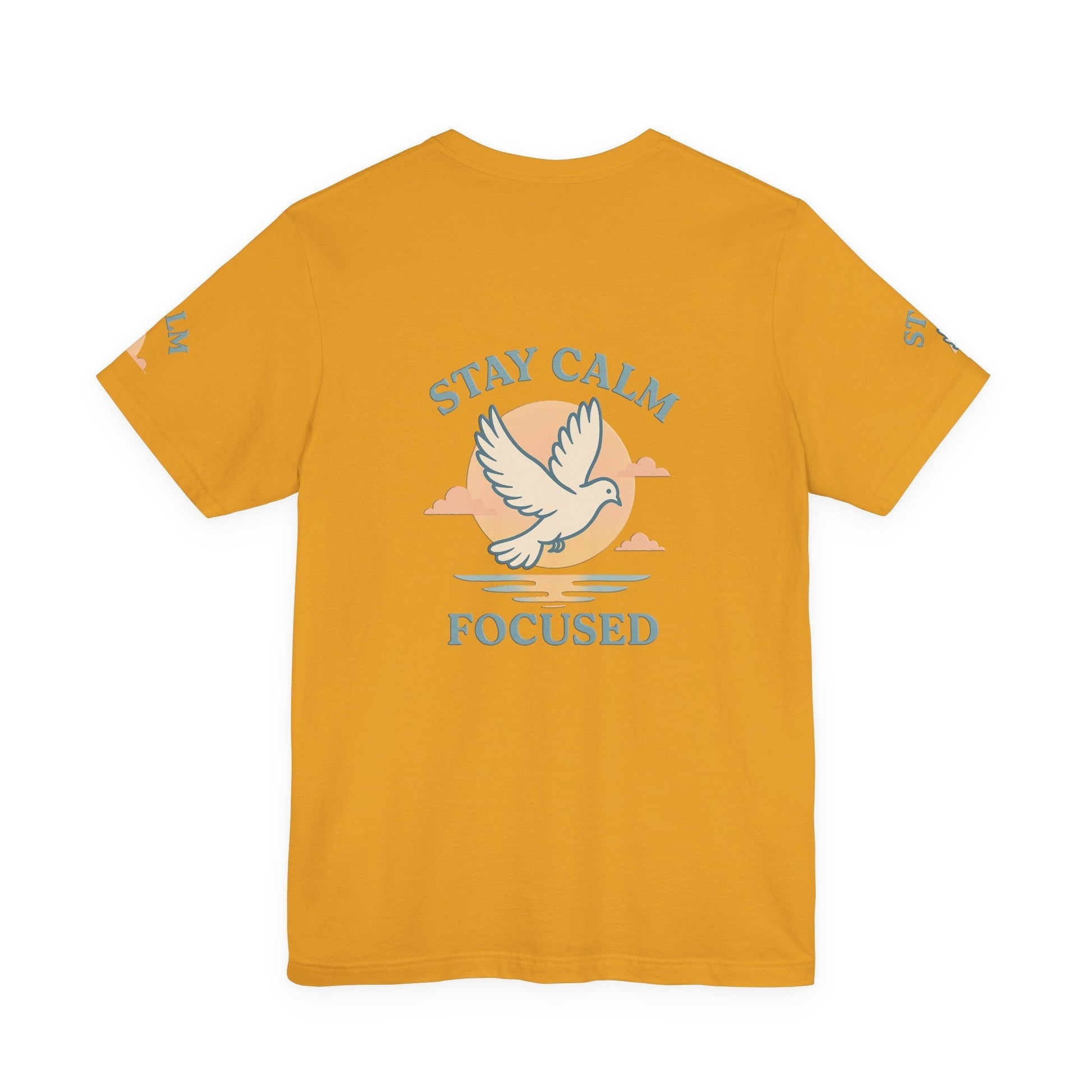 Yellow unisex t-shirt with "Stay Calm Focused" text and dove graphic on the back, made of soft breathable cotton.