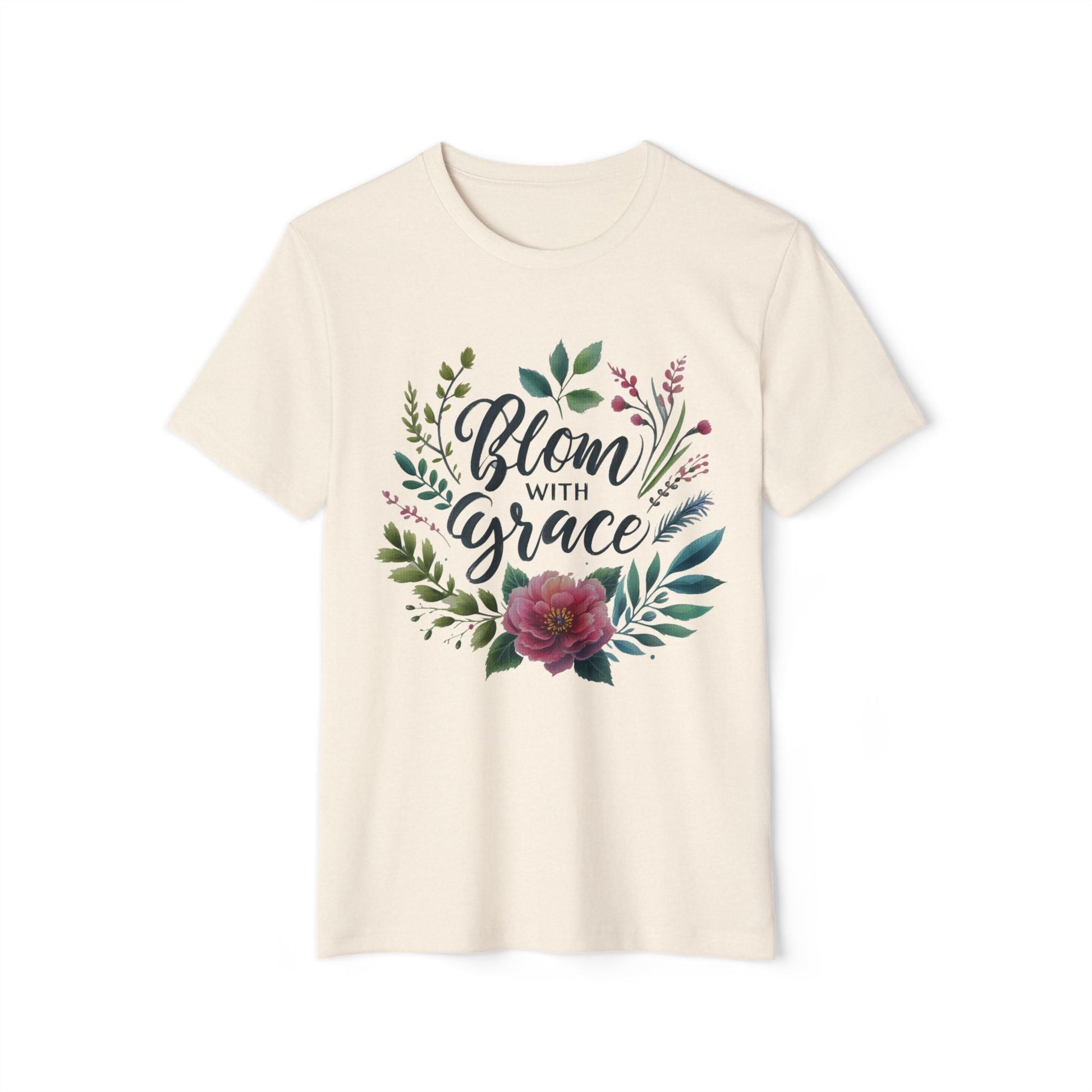 Eco-friendly organic T-shirt with floral design and "Bloom with Grace" text.