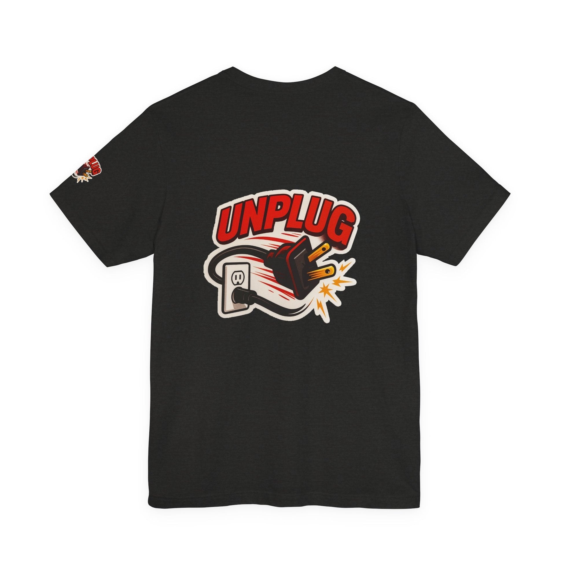 Black Unplugged Vibes T-shirt with bold "UNPLUG" graphic and unplugged power cord design on back, casual unisex short sleeve shirt.