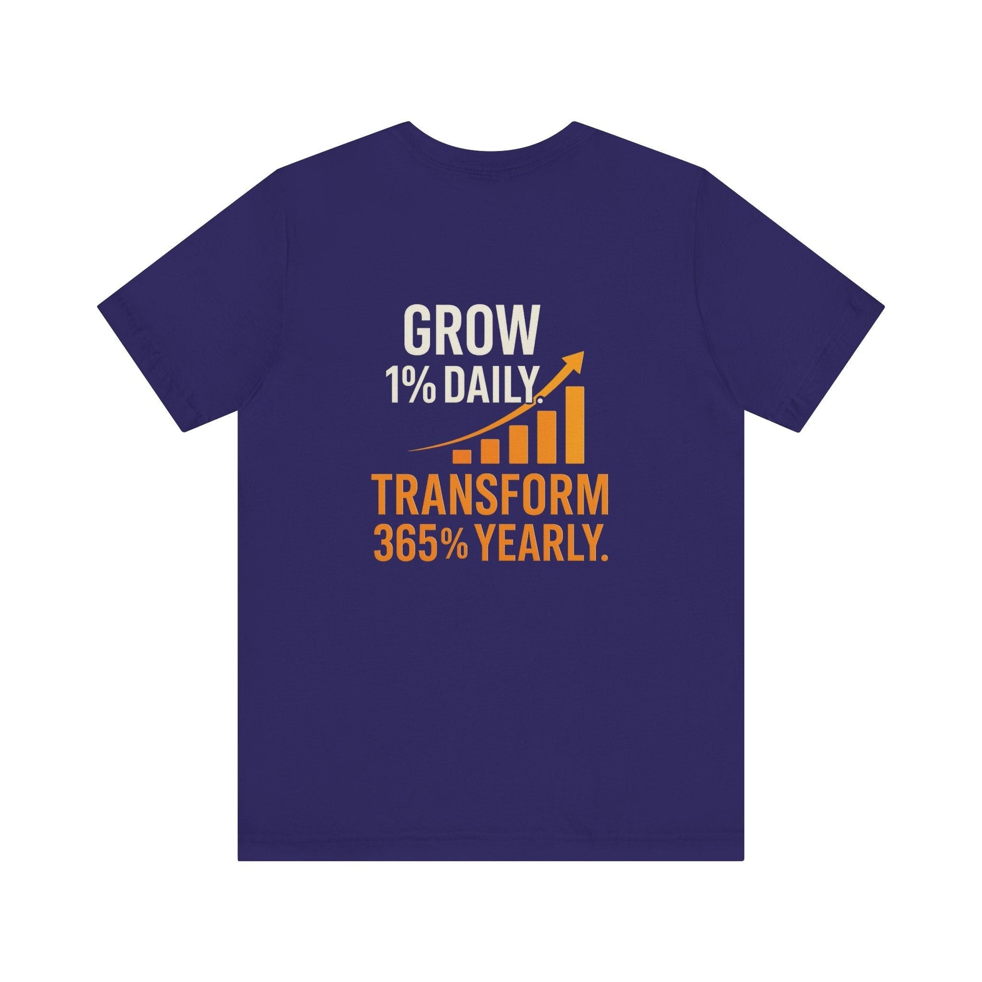 Unisex navy blue Motivational Growth t-shirt with "Grow 1% Daily Transform 365% Yearly" graphic and upward arrow design on back