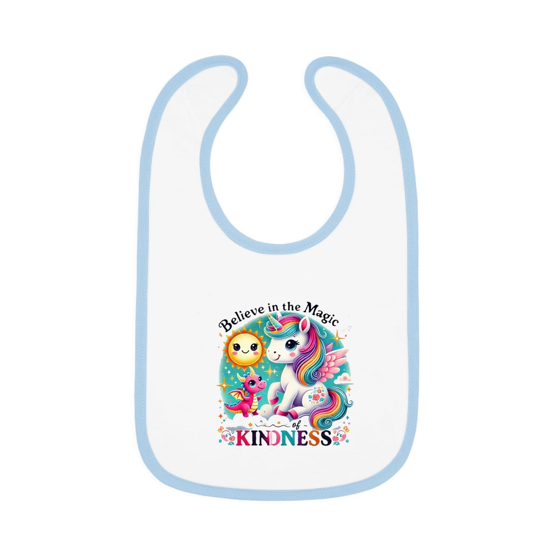Baby Contrast Trim Jersey Bib with "Believe in the Magic Of Kindness" design, 100% cotton, Velcro closure.
