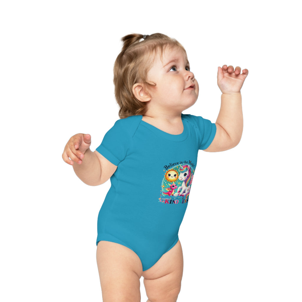Combed Cotton Baby Bodysuit in blue featuring "Believe in the Magic of Kindness" design, worn by a baby reaching up.
