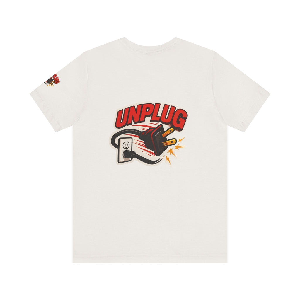 White Unplugged Vibes T-shirt with graphic plug unplugging from outlet and bold red text on back, casual unisex short sleeve shirt