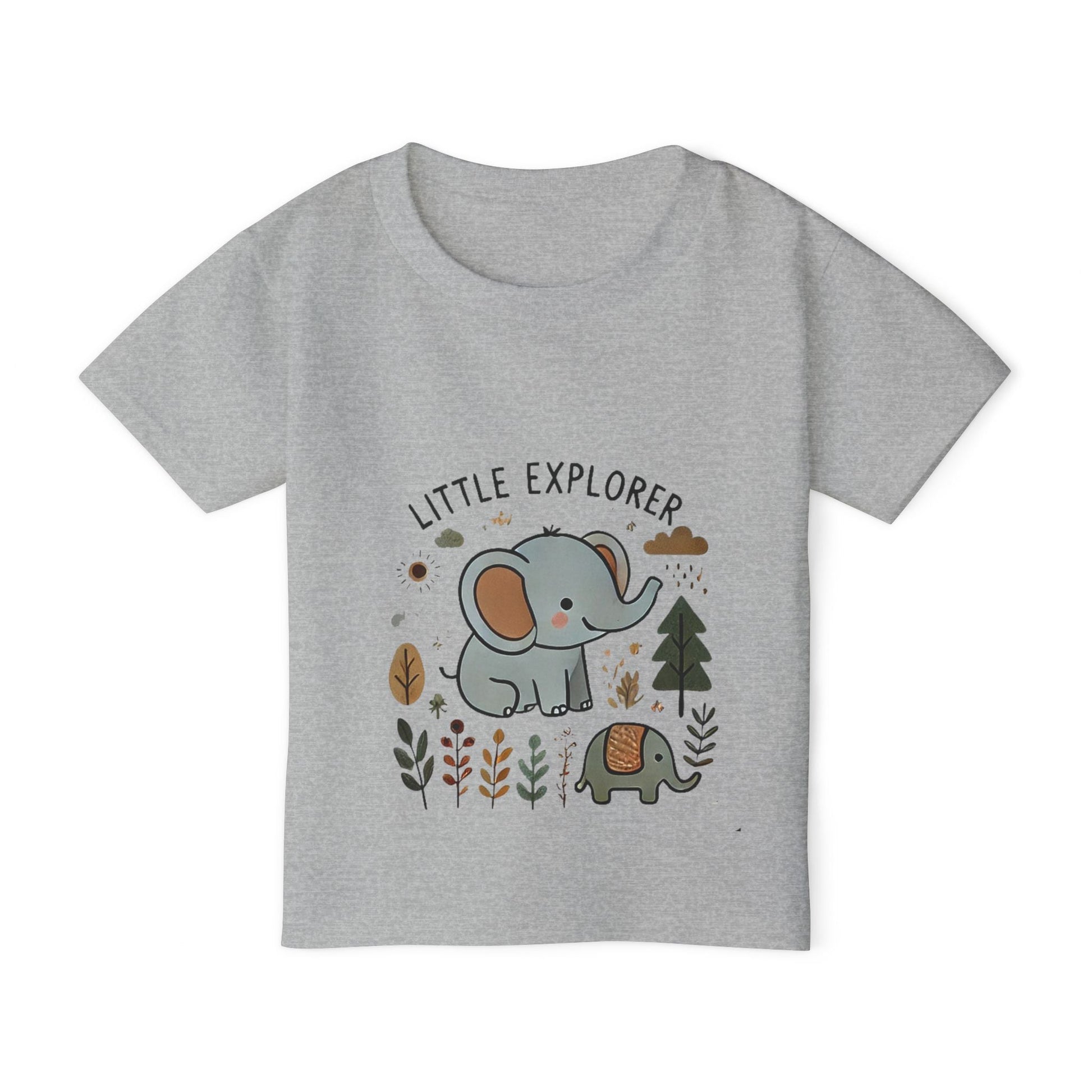 Little Explorer Toddler T-Shirt with cute elephant and turtle design on gray fabric.