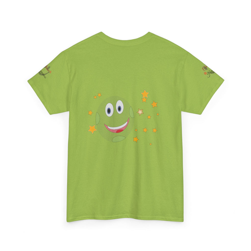 Unisex Heavy Cotton T-shirt in green with a smiling planet and stars, featuring inspirational designs and messages.