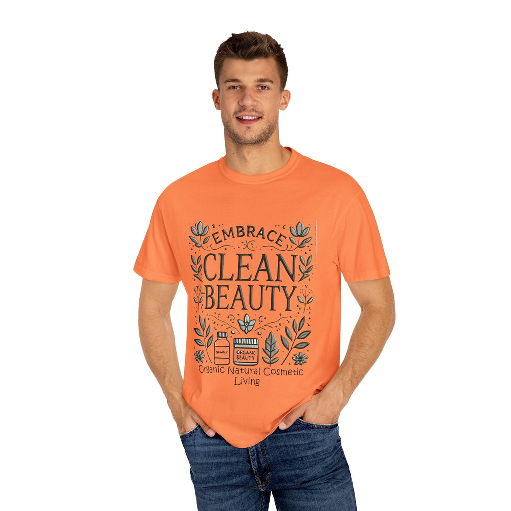 Clean Beauty Unisex T-Shirt in orange with organic living design, worn by a model.