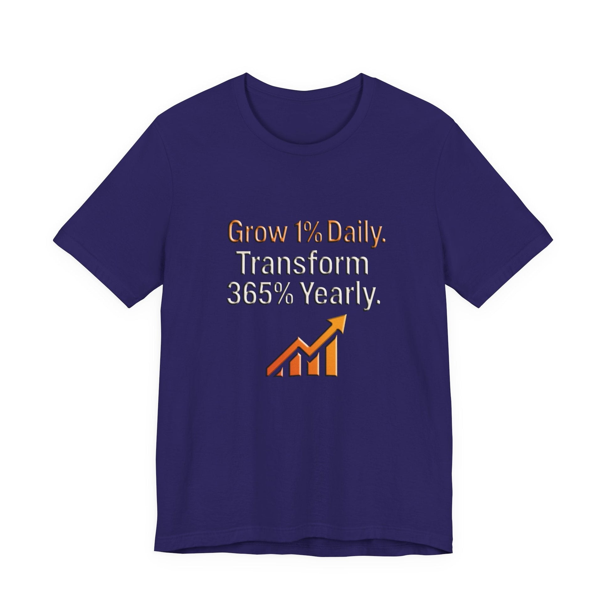 Navy unisex short sleeve t-shirt with motivational "Grow 1% Daily. Transform 365% Yearly." graphic and upward arrow chart design