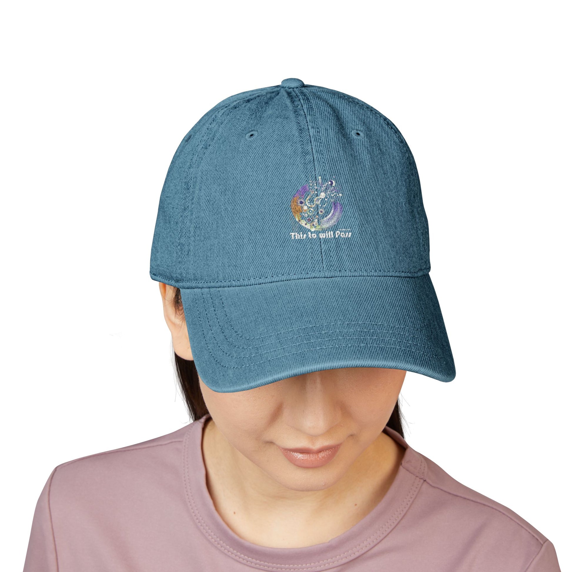 This Too Will Pass Denim Hat - Stylish Embroidered Cap Vintage Message.