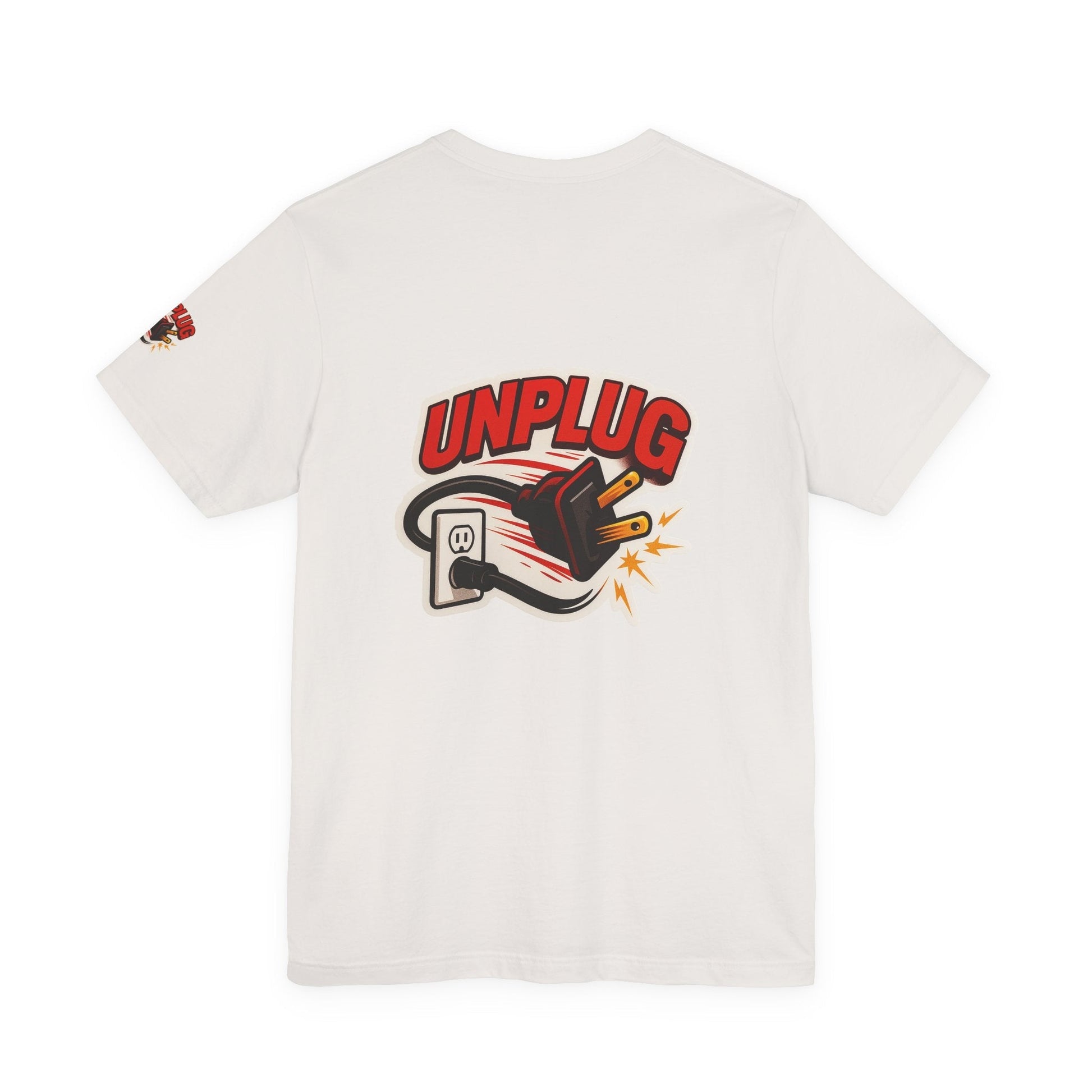 White Unisex Jersey Short Sleeve T-shirt featuring bold "UNPLUG" graphic with a power plug illustration, casual and comfortable design.