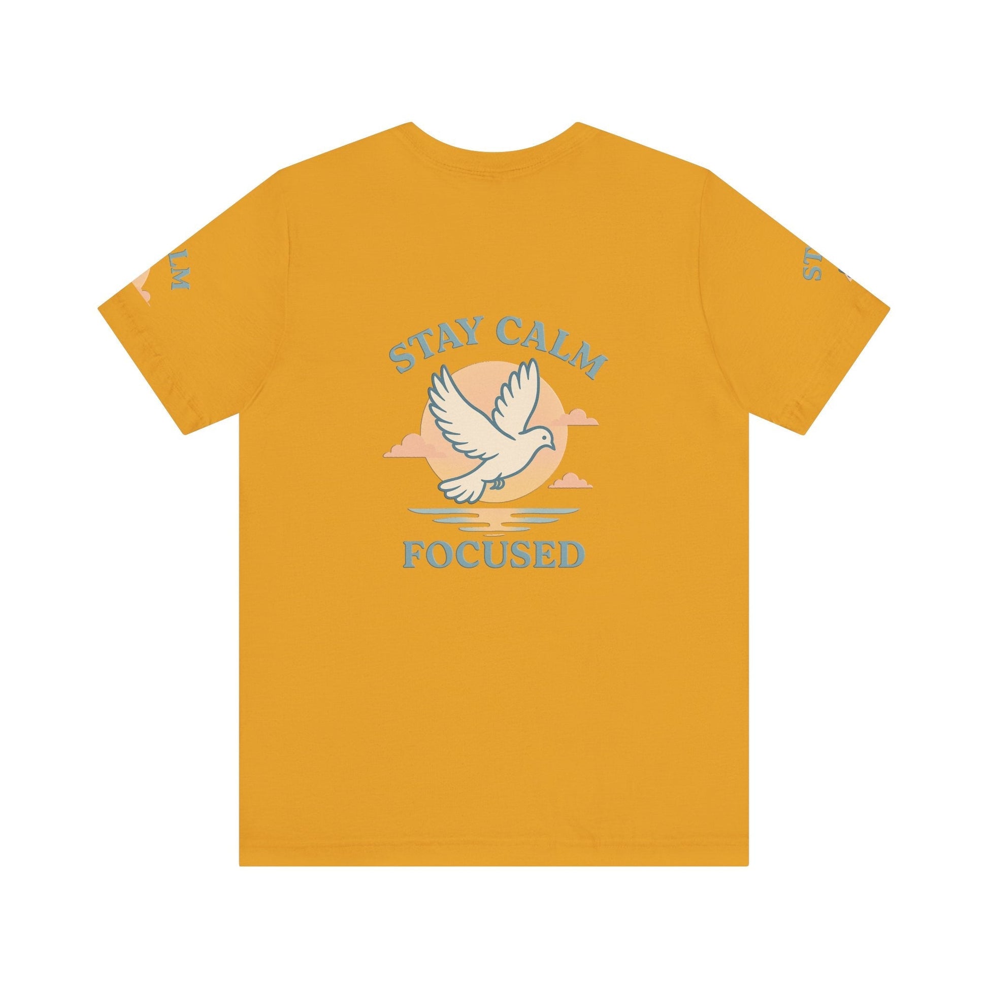 Yellow unisex T-shirt with "Stay Calm Focused" text and white dove graphic on back, made from soft breathable cotton.