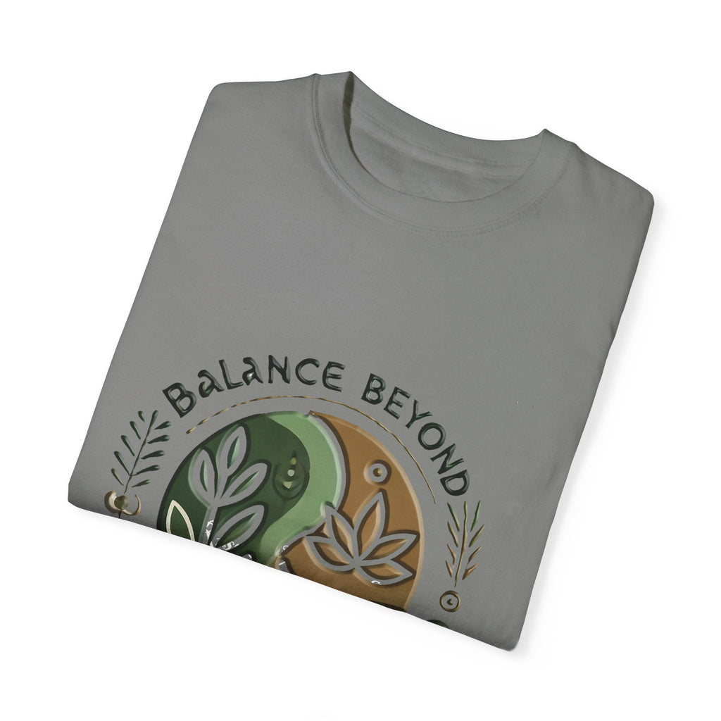 Balance Beyond Medication Unisex Garment-Dyed T-Shirt folded, displaying unique design and soft texture.