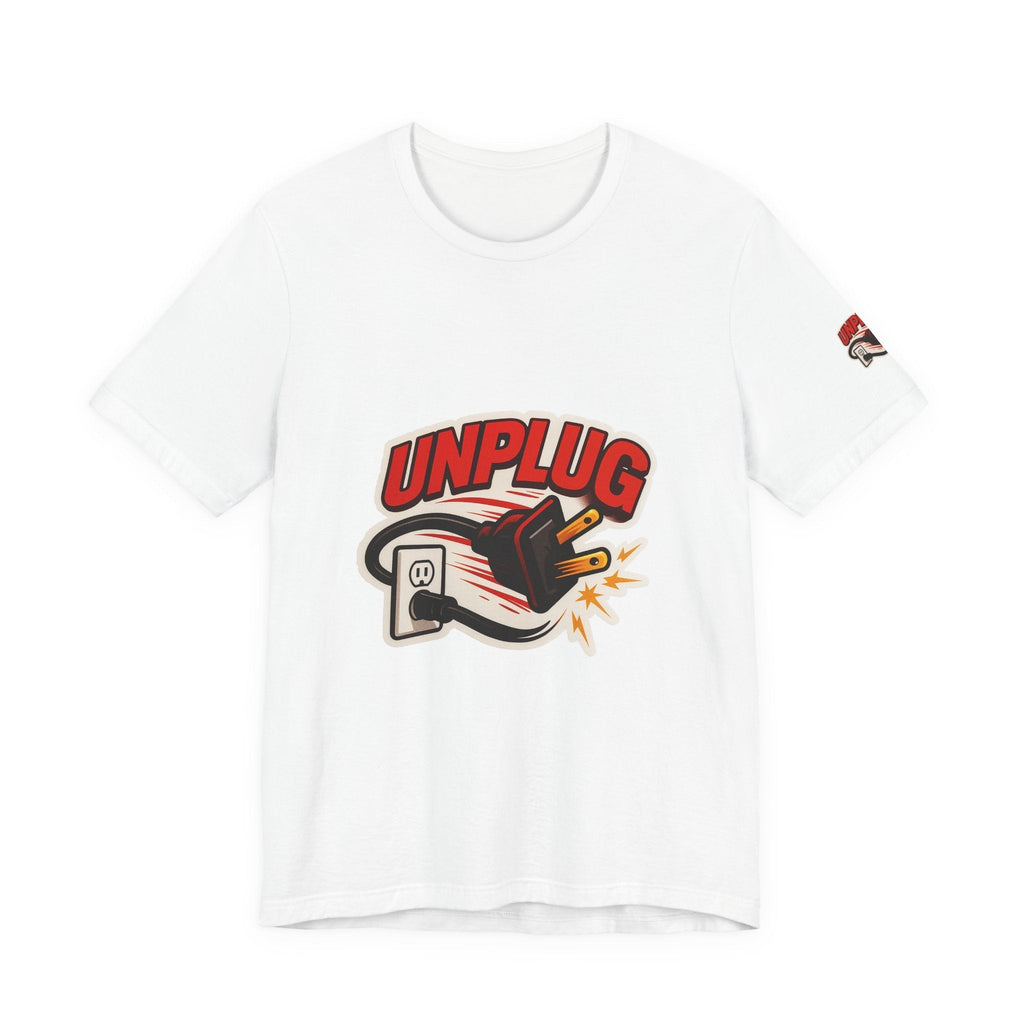 White Unisex Jersey Short Sleeve T-Shirt with "UNPLUG" graphic and unplugged plug illustration, casual and comfortable Unplugged Vibes Tee