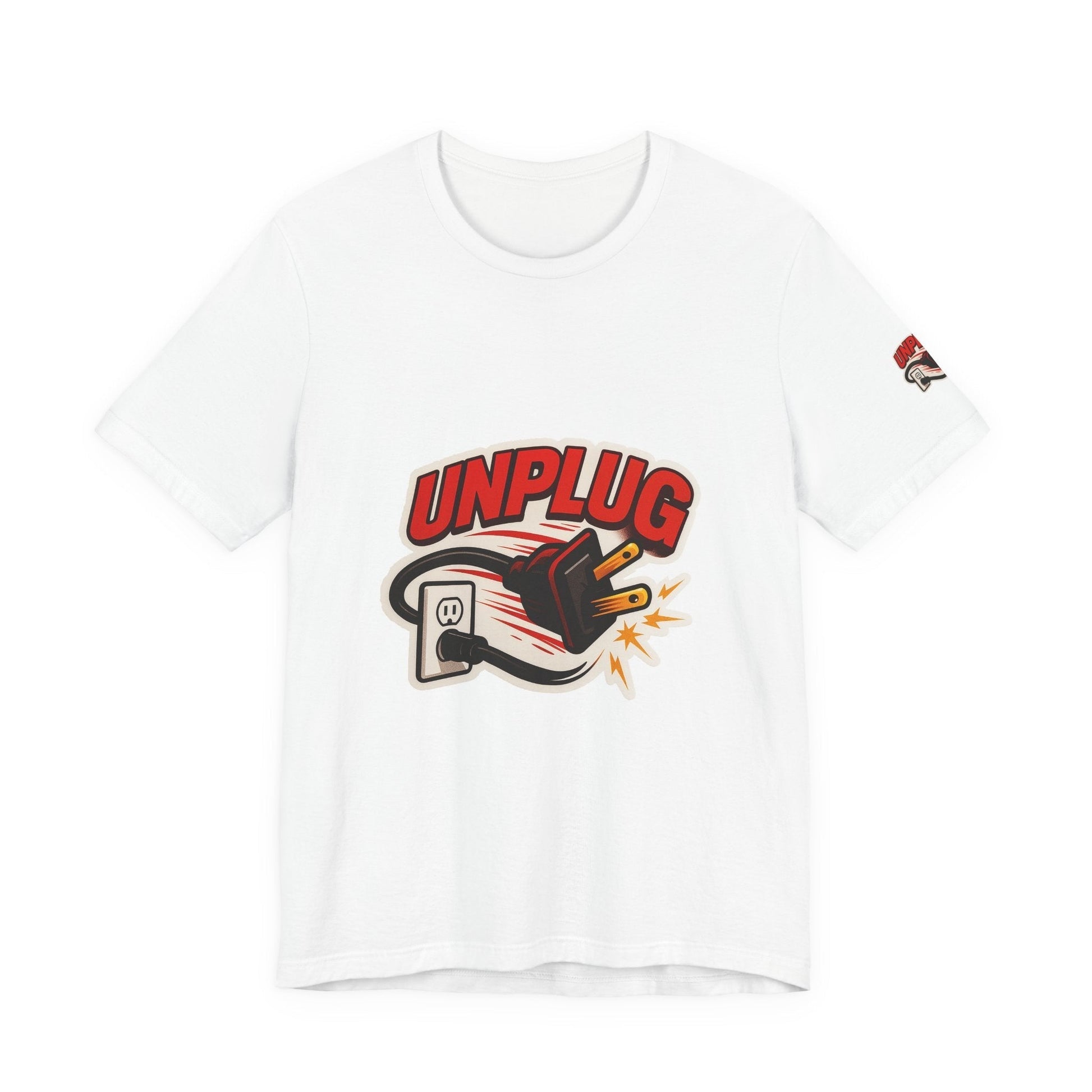 White Unisex Jersey Short Sleeve T-Shirt with "UNPLUG" graphic and unplugged plug illustration, casual and comfortable Unplugged Vibes Tee