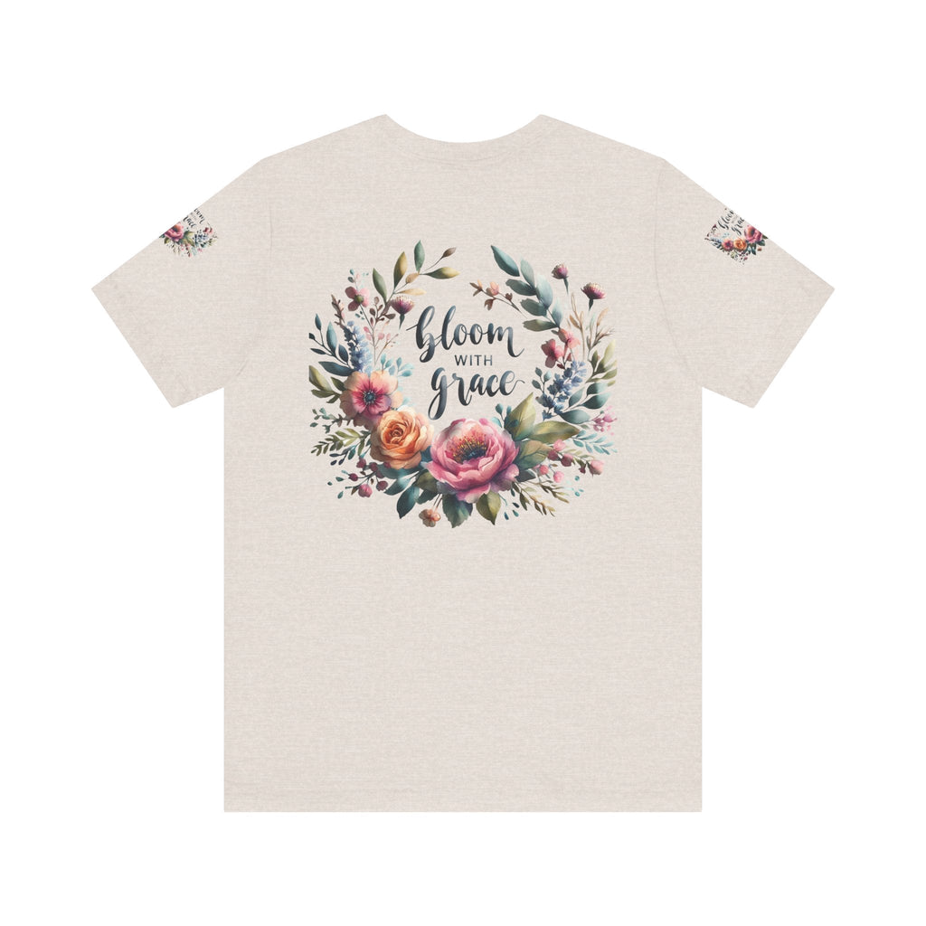 Floral Inspirational T-shirt with vibrant bloom design, perfect for spring fashion and motivational wear.