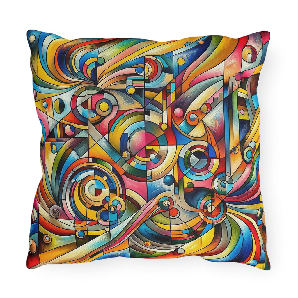 Colorful abstract design outdoor pillow made from durable UV and water-resistant spun polyester