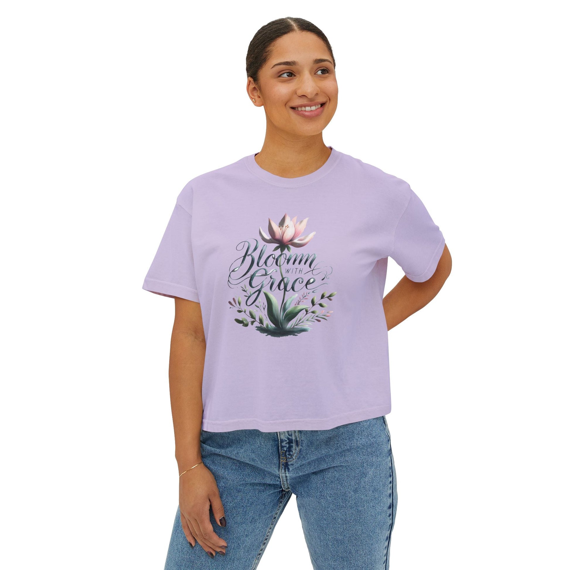 Womens Boxy T-shirt with floral design, "Bloom with Grace" text, casual summer top.
