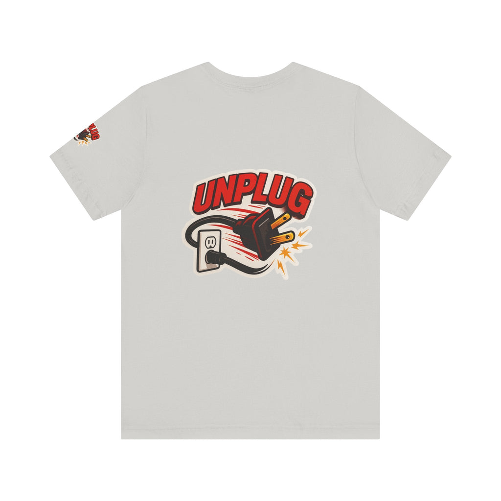 Unplugged Vibes T-shirt with graphic of unplugged power cord and bold "UNPLUG" text on light gray unisex short sleeve t-shirt